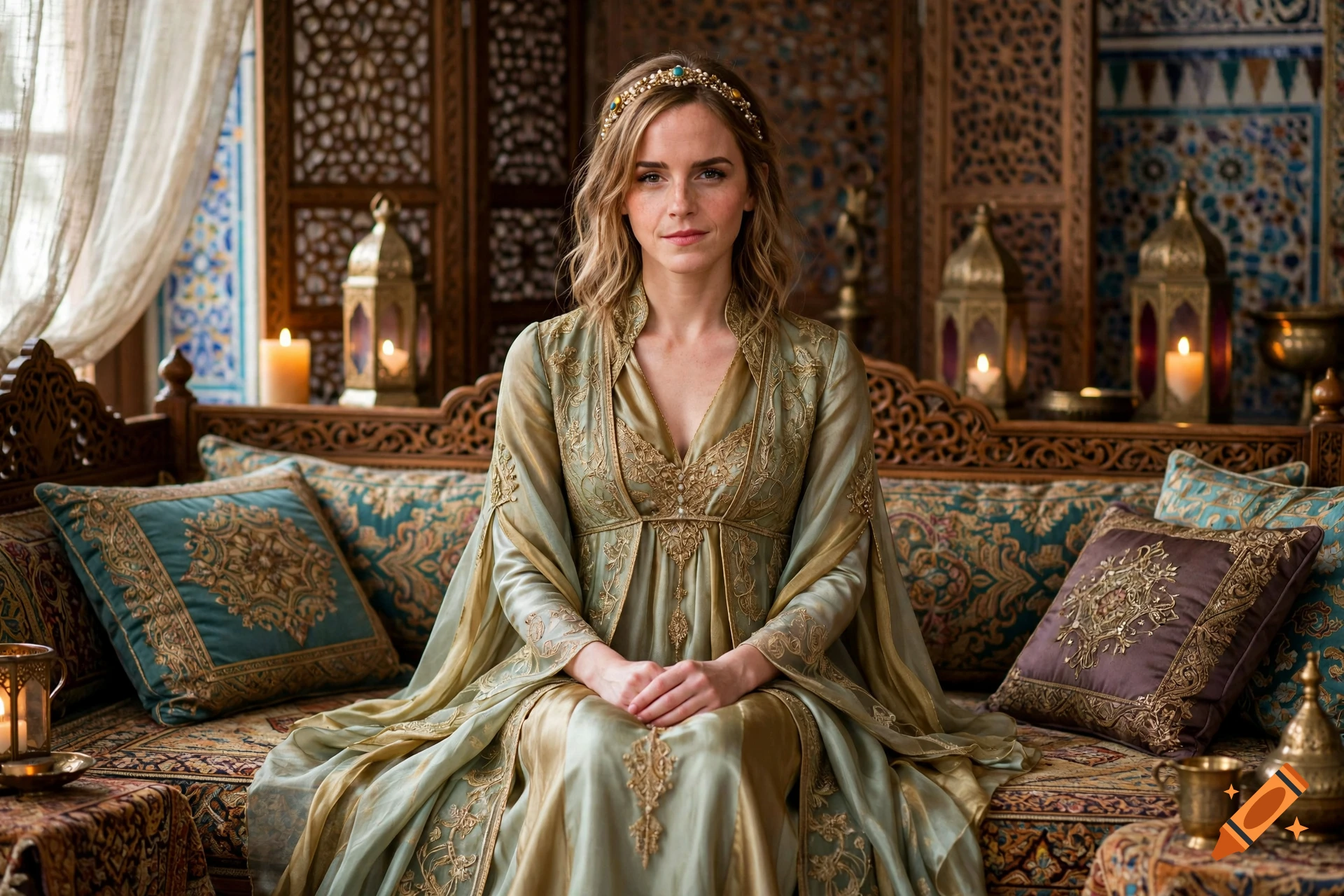 Photorealistic portrait of Emma Watson dressed in traditional Ottoman attire, sitting on an ornate sofa with patterned cushions.