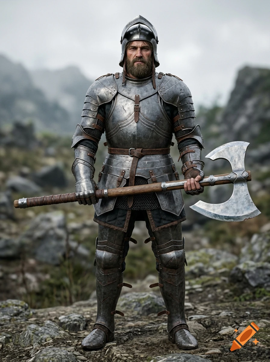 Photorealistic image of a tall bearded knight in steel plate armor holding a double-bladed axe in a rocky landscape.