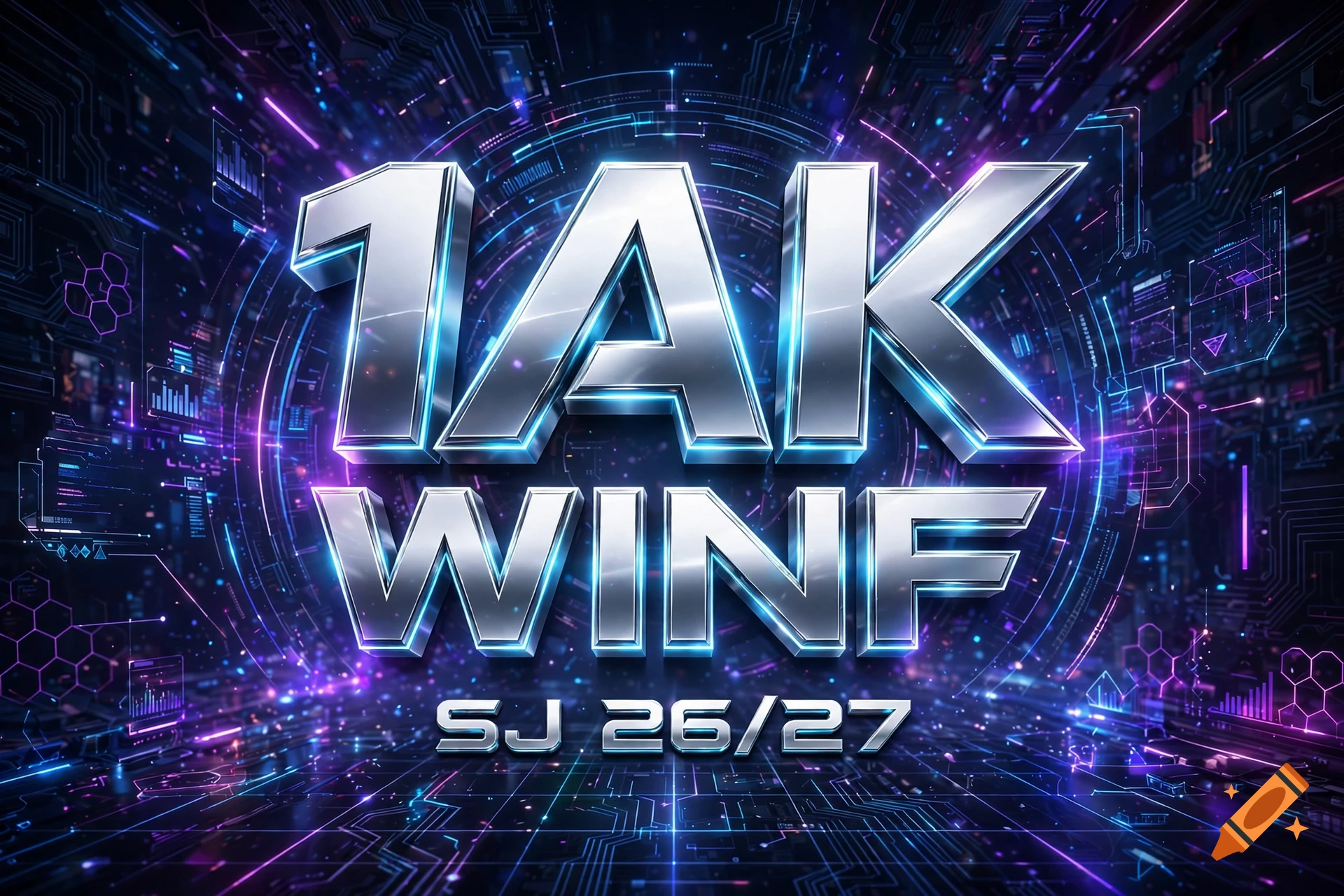 Futuristic 3D text '1AK WINF' with glowing neon lines and digital elements in a cyberpunk style.