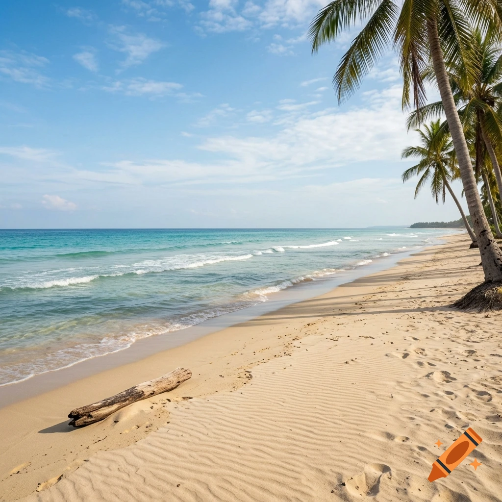 Photorealistic image of a tropical beach with turquoise ocean water, white sand, and palm trees under a blue sky.