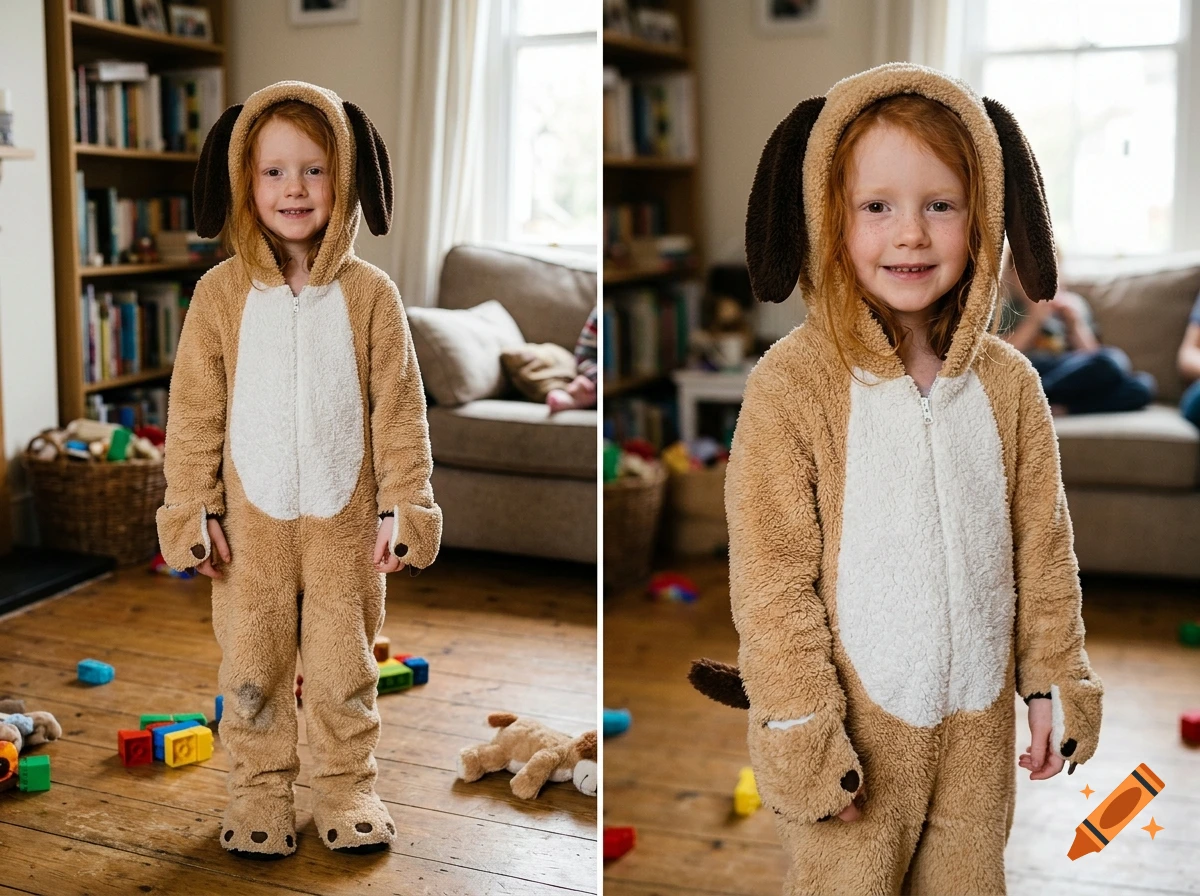 A young red-haired girl smiling while wearing a fluffy dog onesie with a hood.
