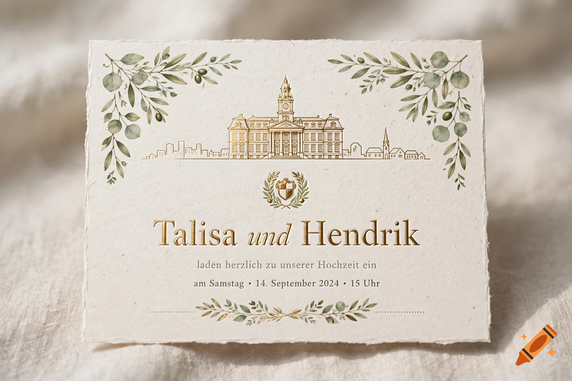 Elegant wedding invitation card with gold foil town silhouette, eucalyptus branches, and German text on handmade deckle-edge paper.