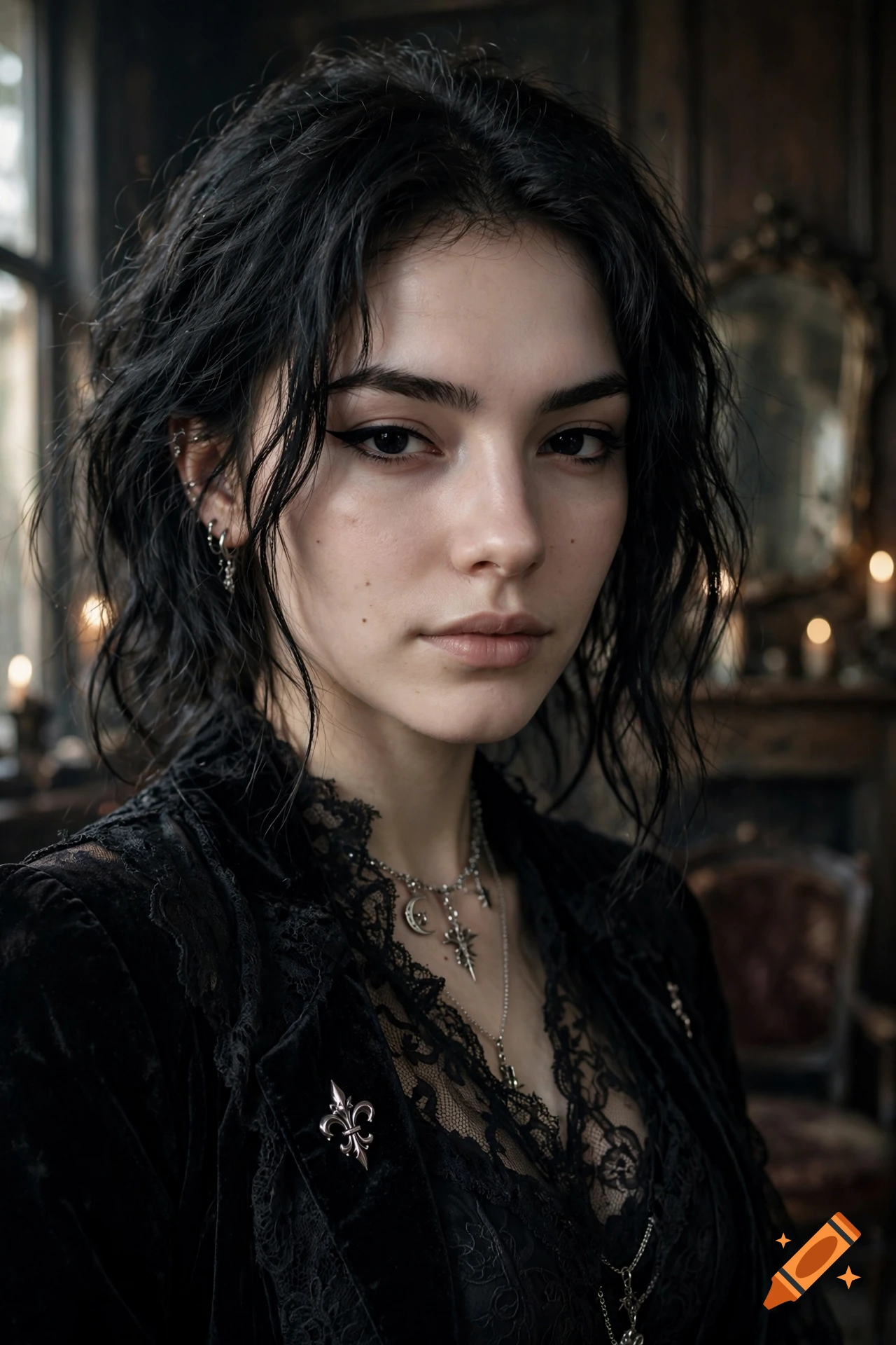 Photorealistic portrait of a young goth woman with dark wet hair, black lace clothing, and silver jewelry.