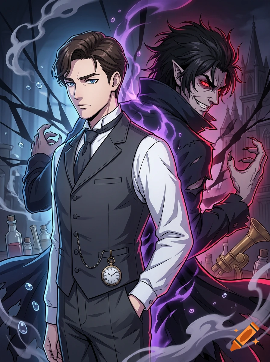 An anime style illustration featuring a well-dressed human man with a pocket watch standing back-to-back with a menacing vampire-like creature surrounded by purple energy.