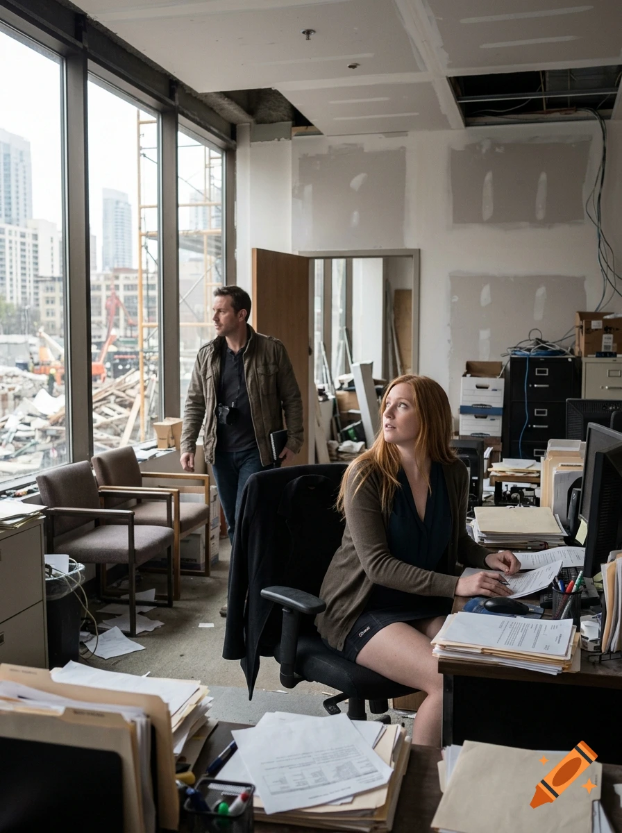 Photorealistic scene of a man walking past a woman working at a cluttered office desk with a window view of a city construction site.