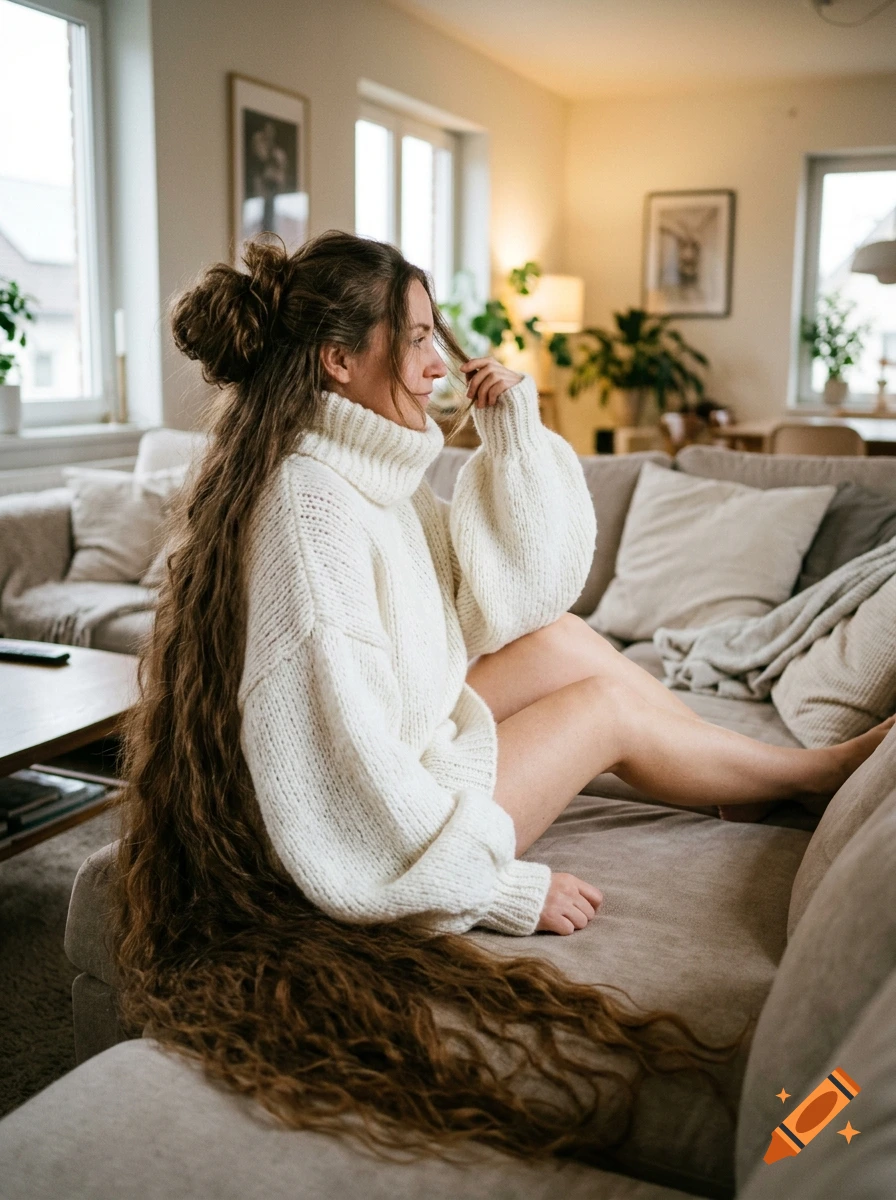 Photorealistic image of a woman with long wavy brown hair sitting on a sofa wearing an oversized white turtleneck sweater.