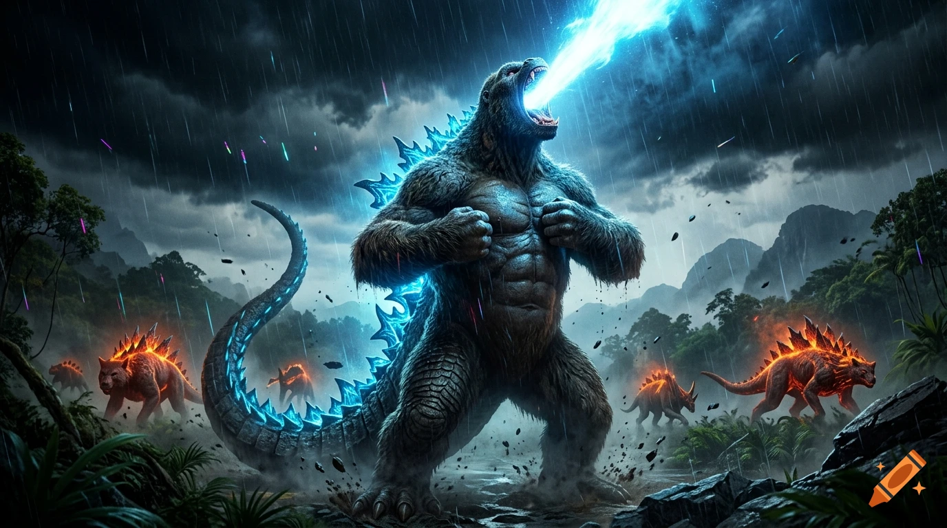 A large monstrous creature with glowing blue spines roars while breathing an energy beam into the stormy night sky, surrounded by smaller quadrupedal creatures with glowing orange markings in a jungle.