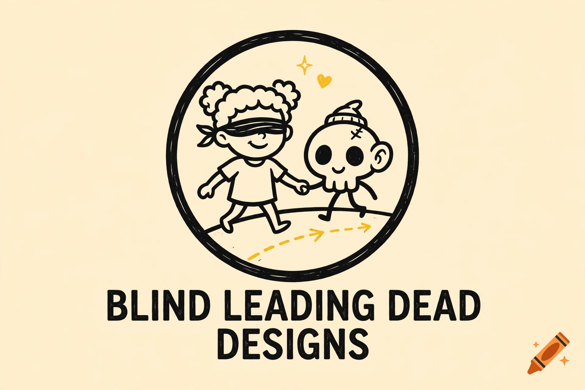 Logo with a blindfolded girl and a cartoon skull holding hands inside a circle, with text reading BLIND LEADING DEAD DESIGNS.