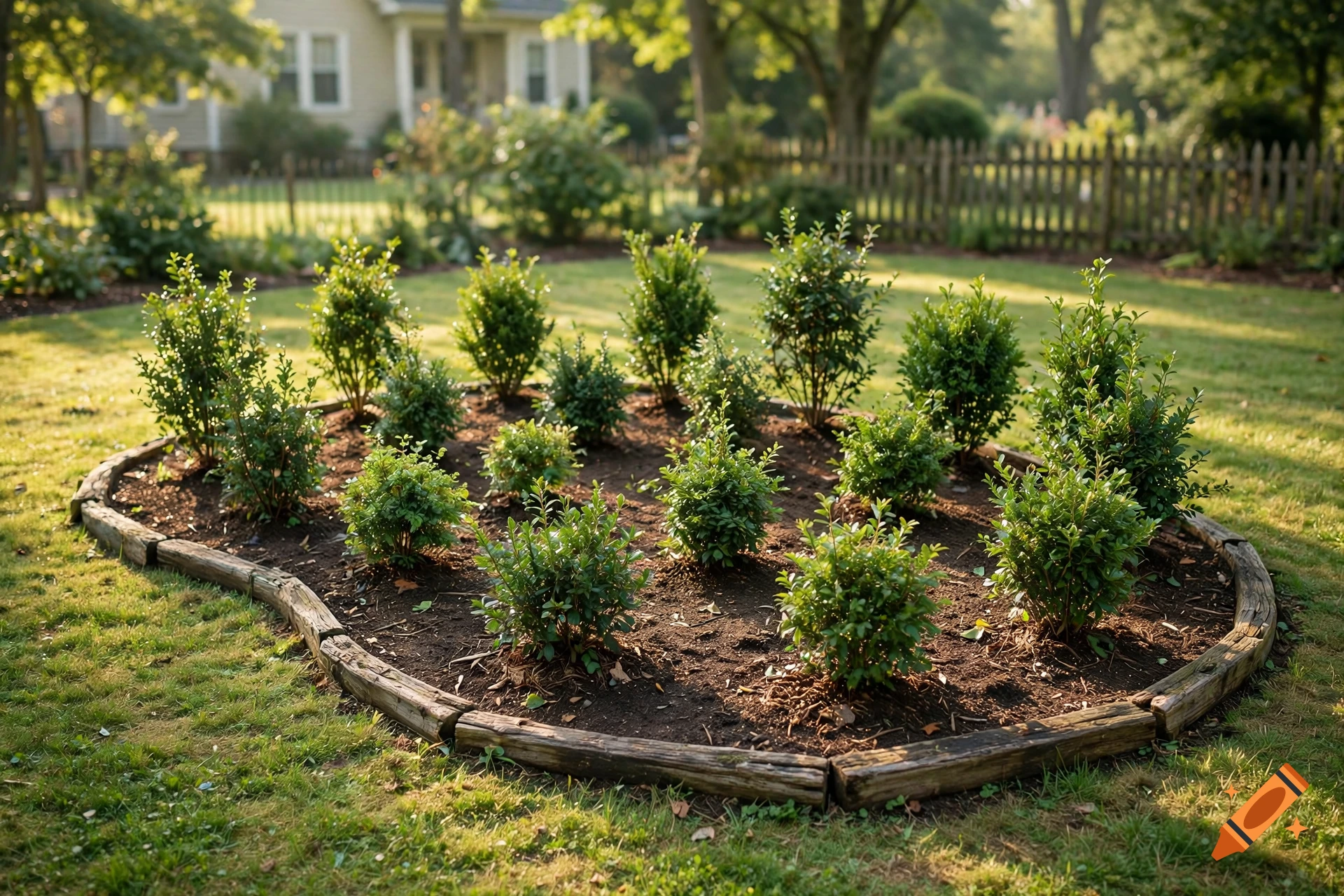 Photorealistic kidney-shaped garden bed bordered with logs and filled with shrubs on a sunny lawn.