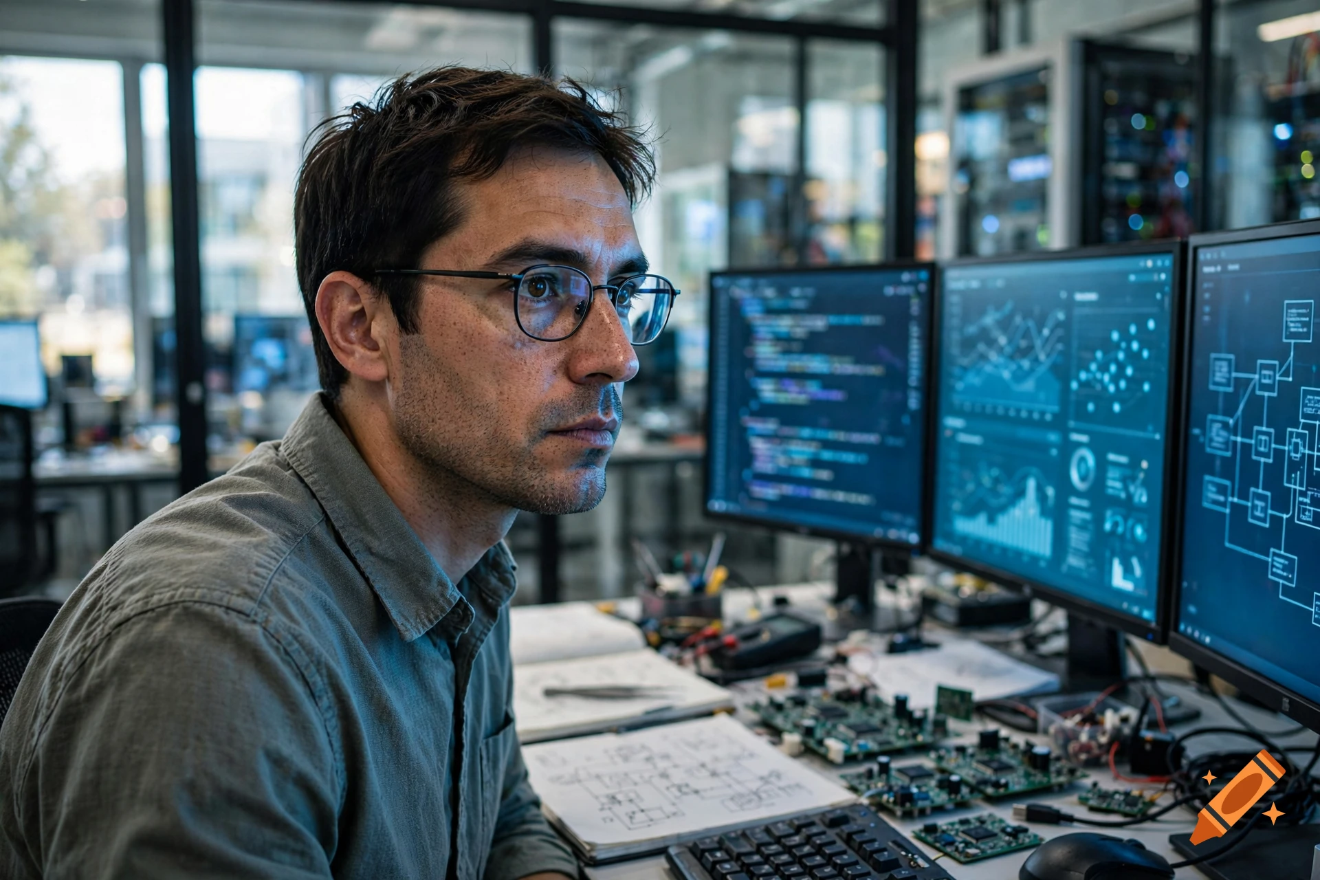 A focused man wearing glasses looks at computer monitors displaying code and data charts in a modern server room.