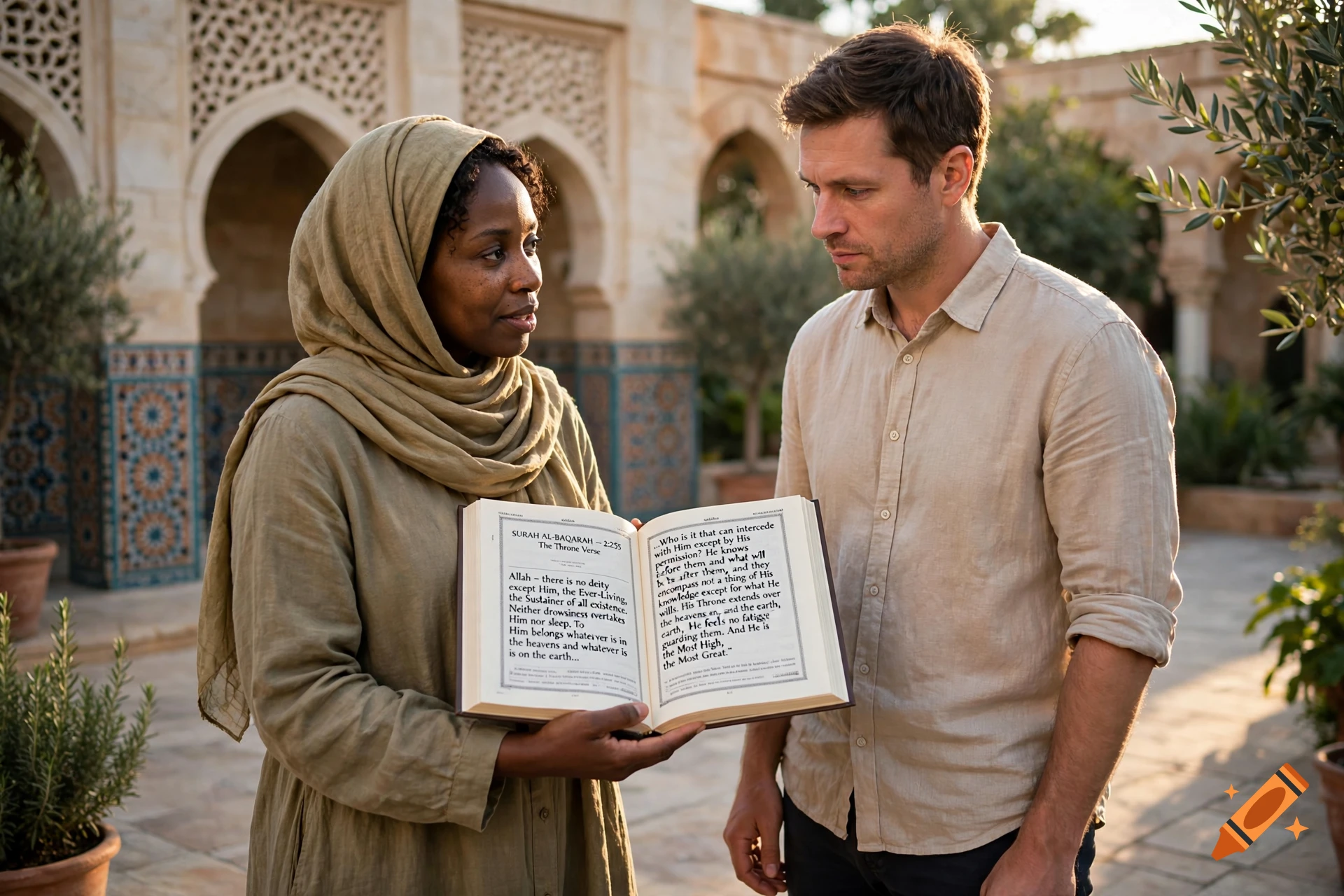 A woman wearing a headscarf and a man standing together outdoors in a courtyard, looking down at an open book she is holding.