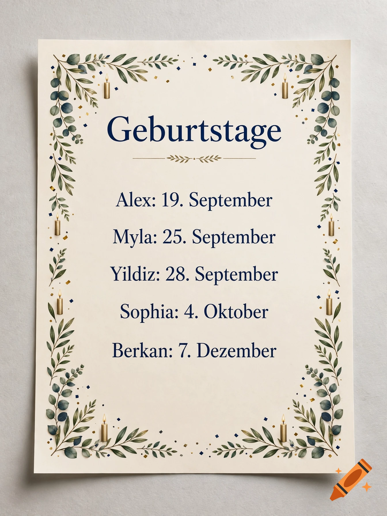 Watercolor botanical birthday calendar poster on cream paper with eucalyptus leaves and candles.