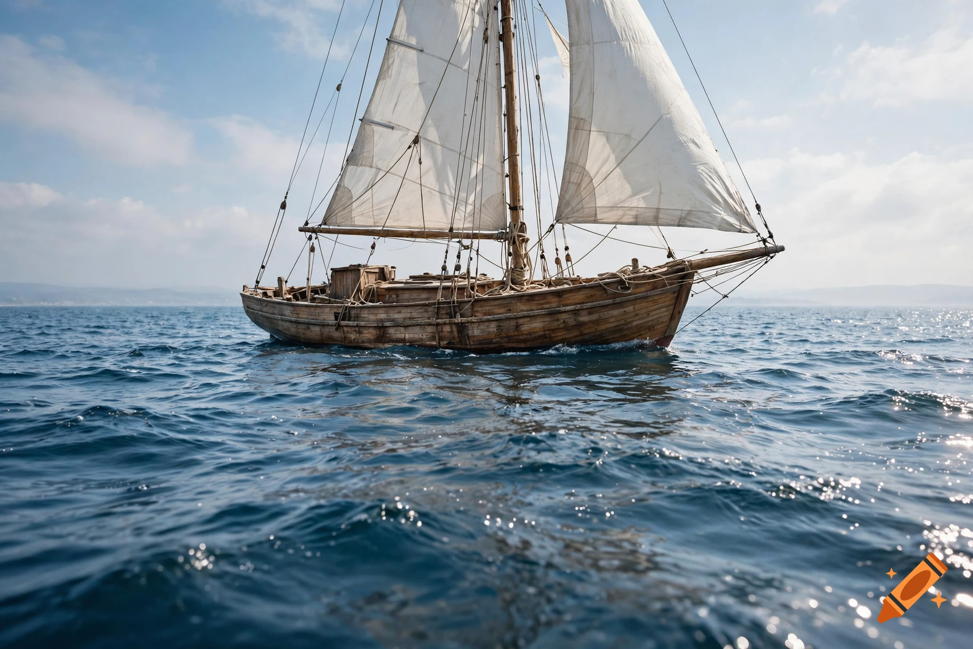 A wooden sailboat with white sails is sailing on the blue sea under a partly cloudy sky, photorealistic.