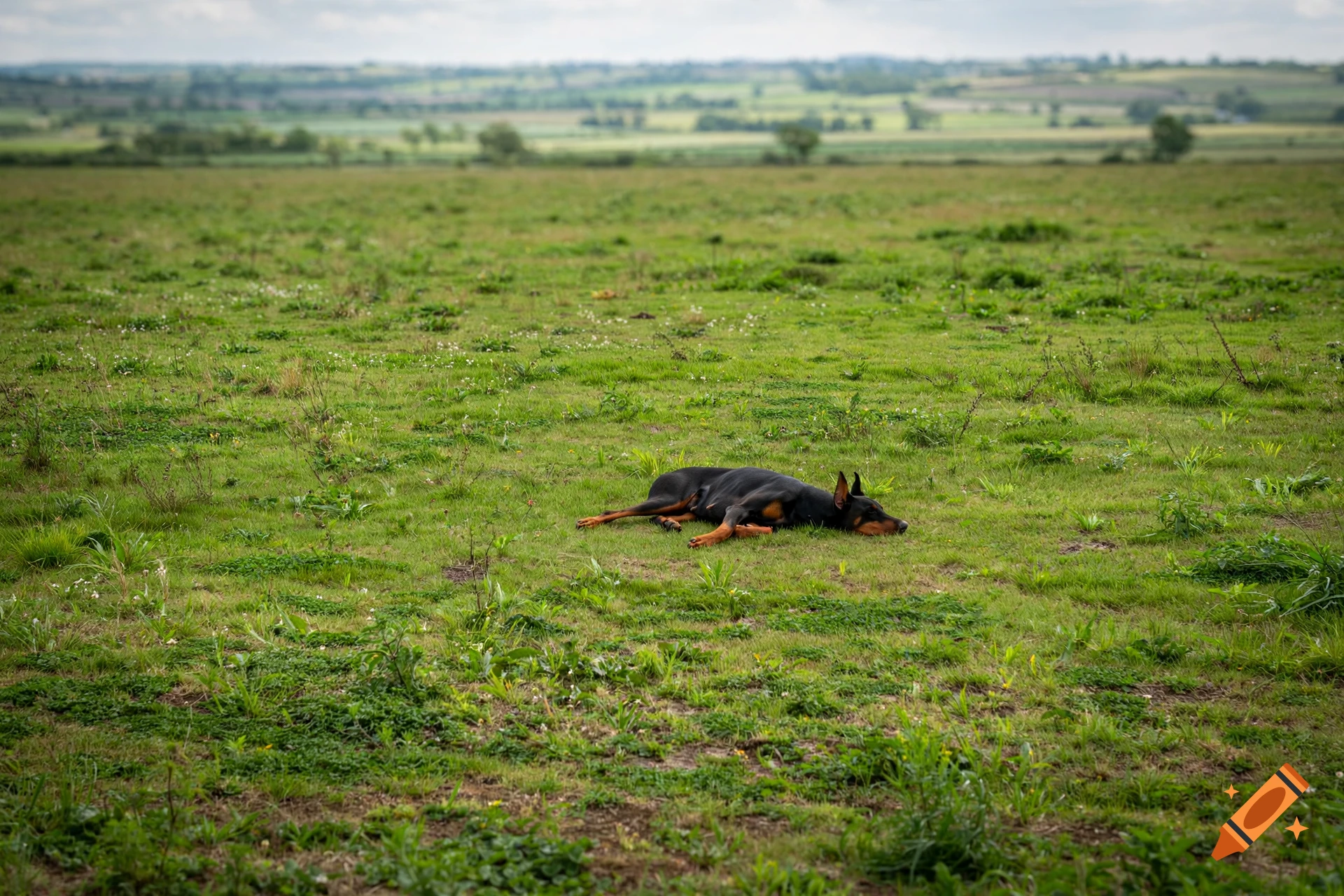 A Doberman Pinscher lies resting in the middle of a vast, grassy field.