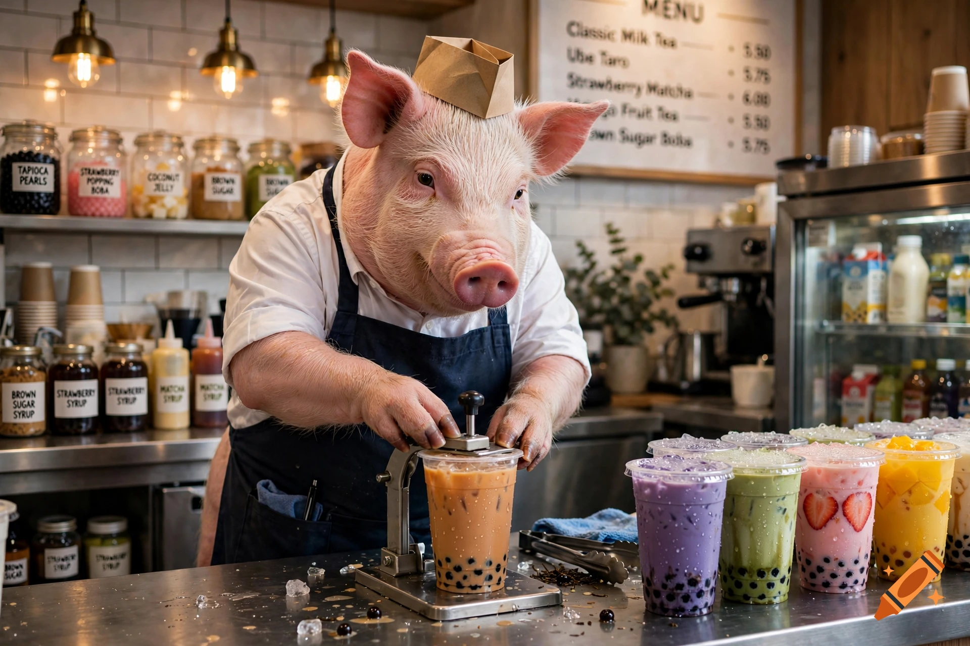 Photorealistic image of a humanoid pig wearing a chef hat and apron, preparing boba tea in a cafe.