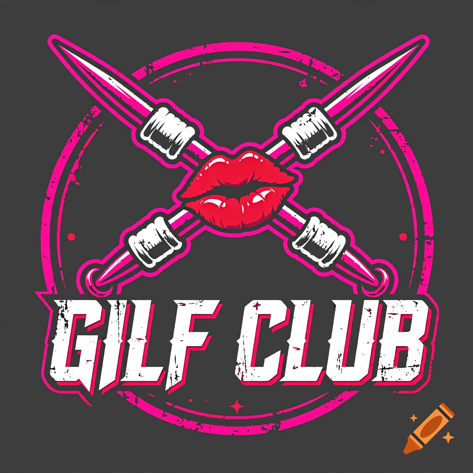 Vector logo reading 'GILF CLUB' with crossed knitting needles and a red kiss mark in a neon pink and grey color scheme.
