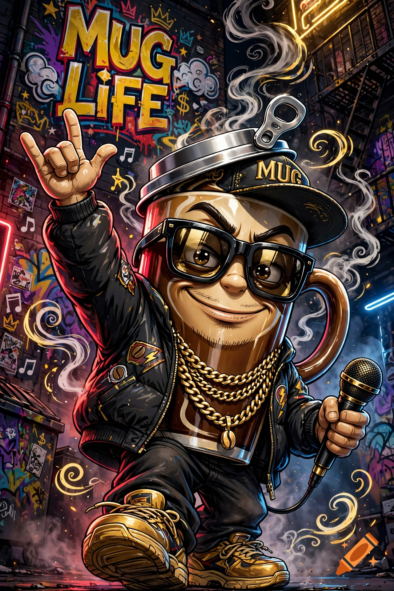 An anthropomorphic coffee mug gangster rapper with sunglasses, a cap, and gold chains, holding a microphone in front of graffiti.