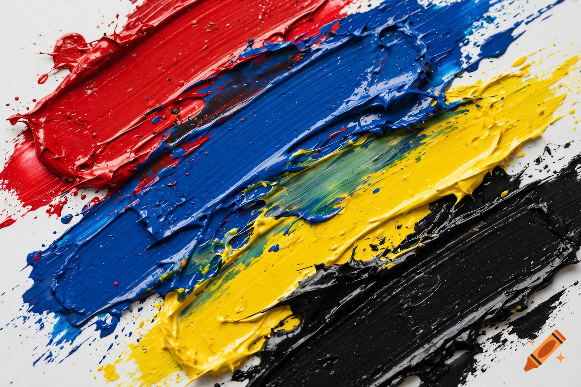 Close-up of thick, vibrant paint slashes in red, blue, yellow, and black on a white surface.