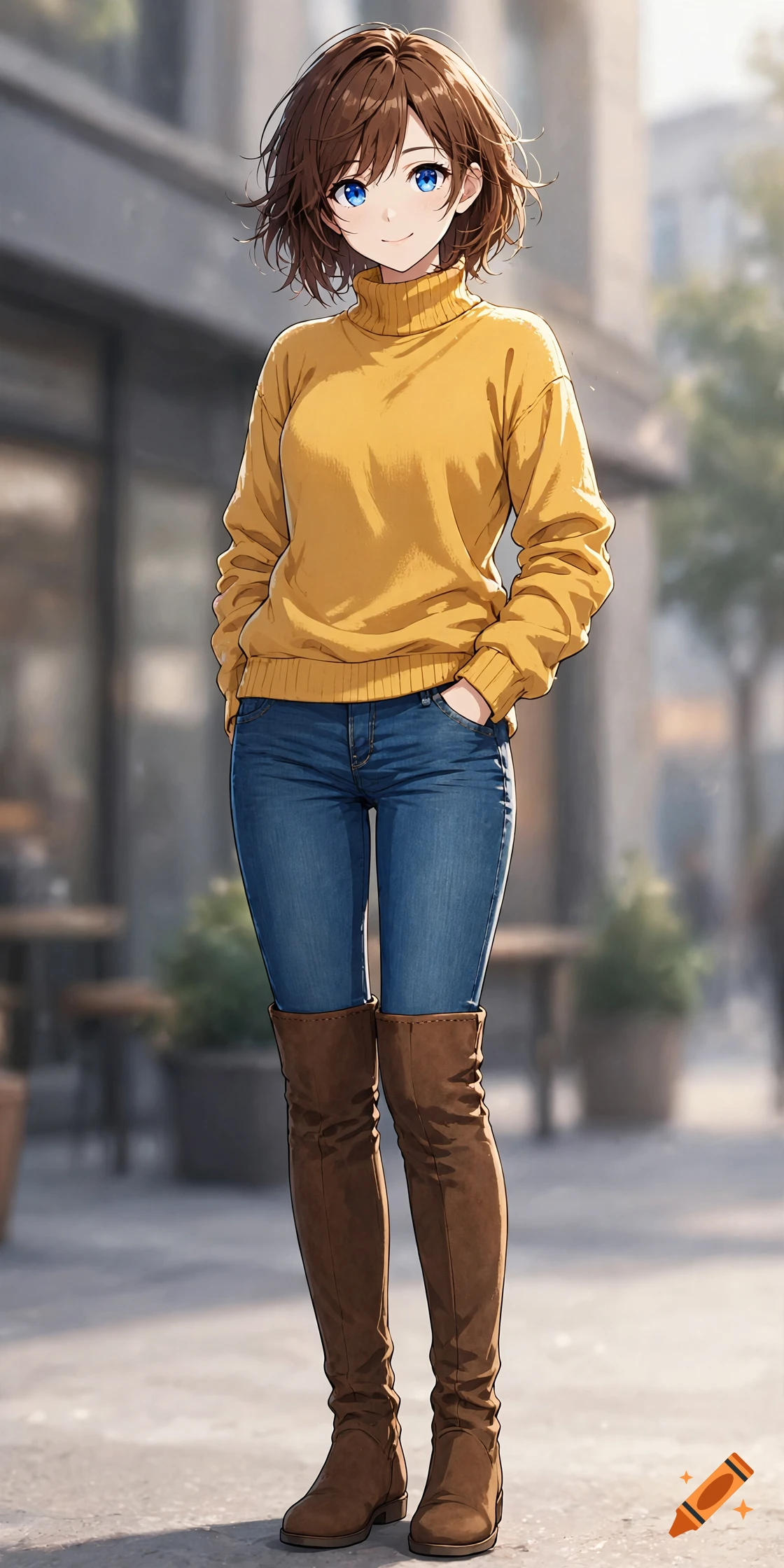 Full-length anime portrait of a woman with short brown hair, blue eyes, wearing a yellow turtleneck, blue jeans, and brown boots.