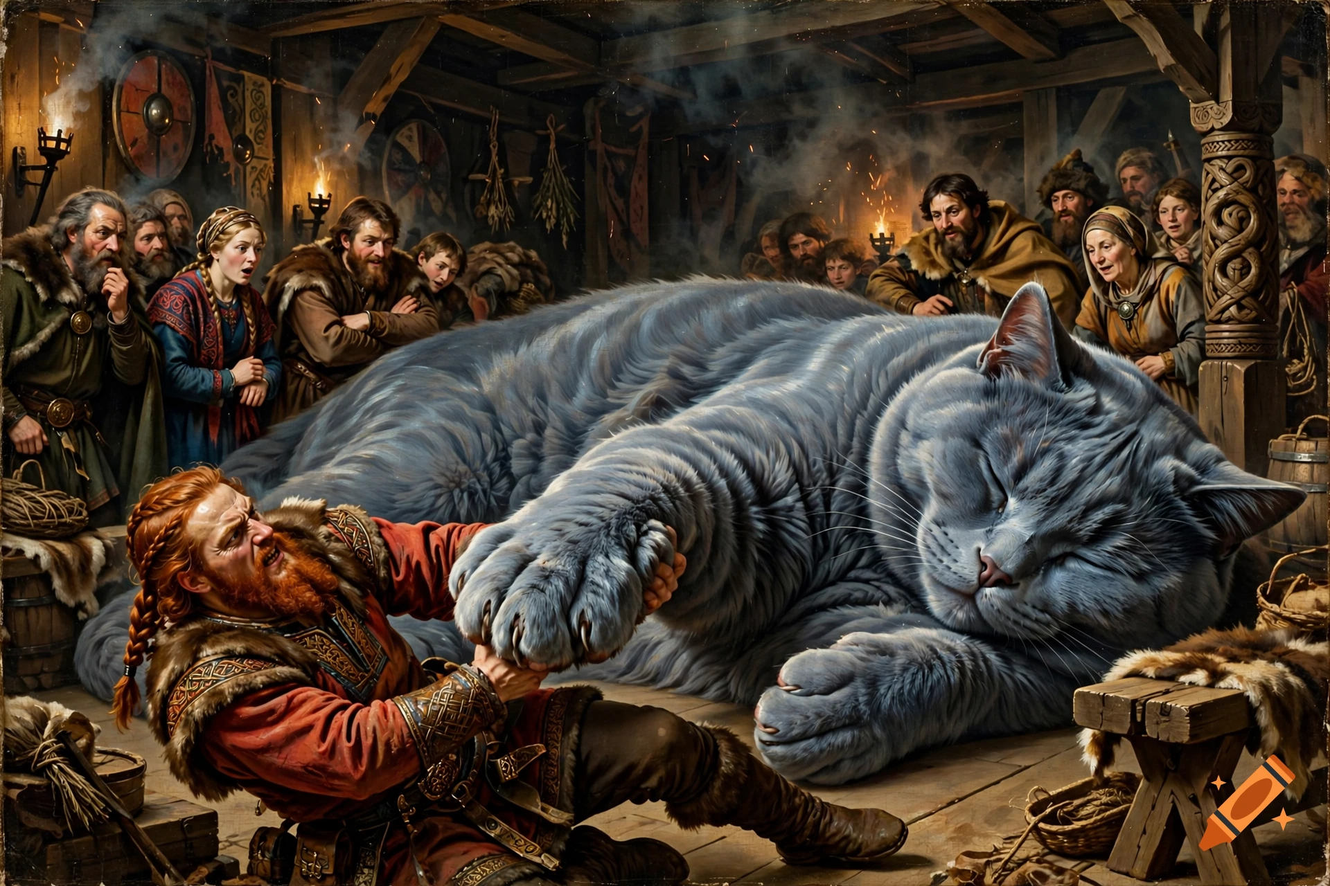 Renaissance oil painting of a Viking man trying to lift the paw of a giant gray cat inside a longhouse.