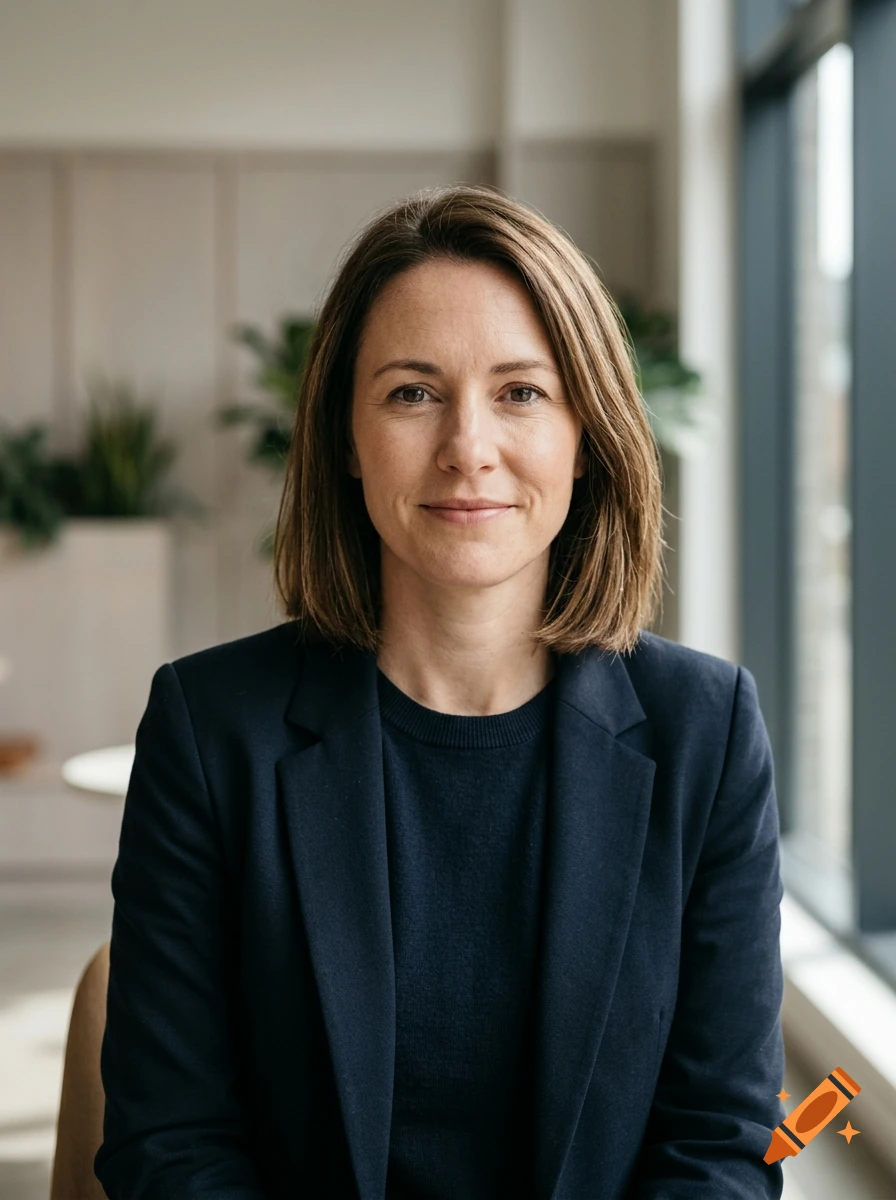 Photorealistic medium shot portrait of a woman with shoulder-length brown hair, wearing a dark blazer, standing in an office setting.