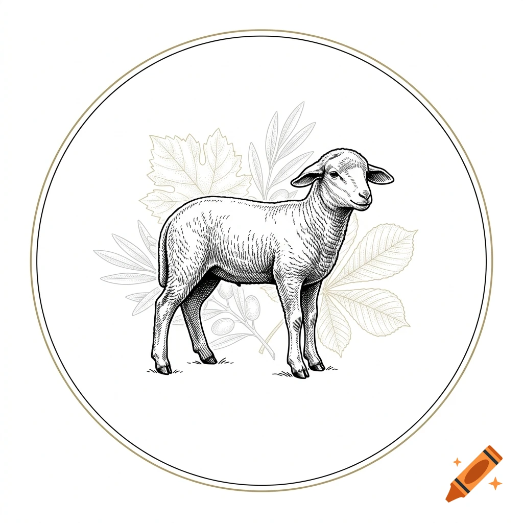 Vintage black and white engraving style logo of a young lamb standing inside a circular frame with subtle leaf silhouettes in the background.
