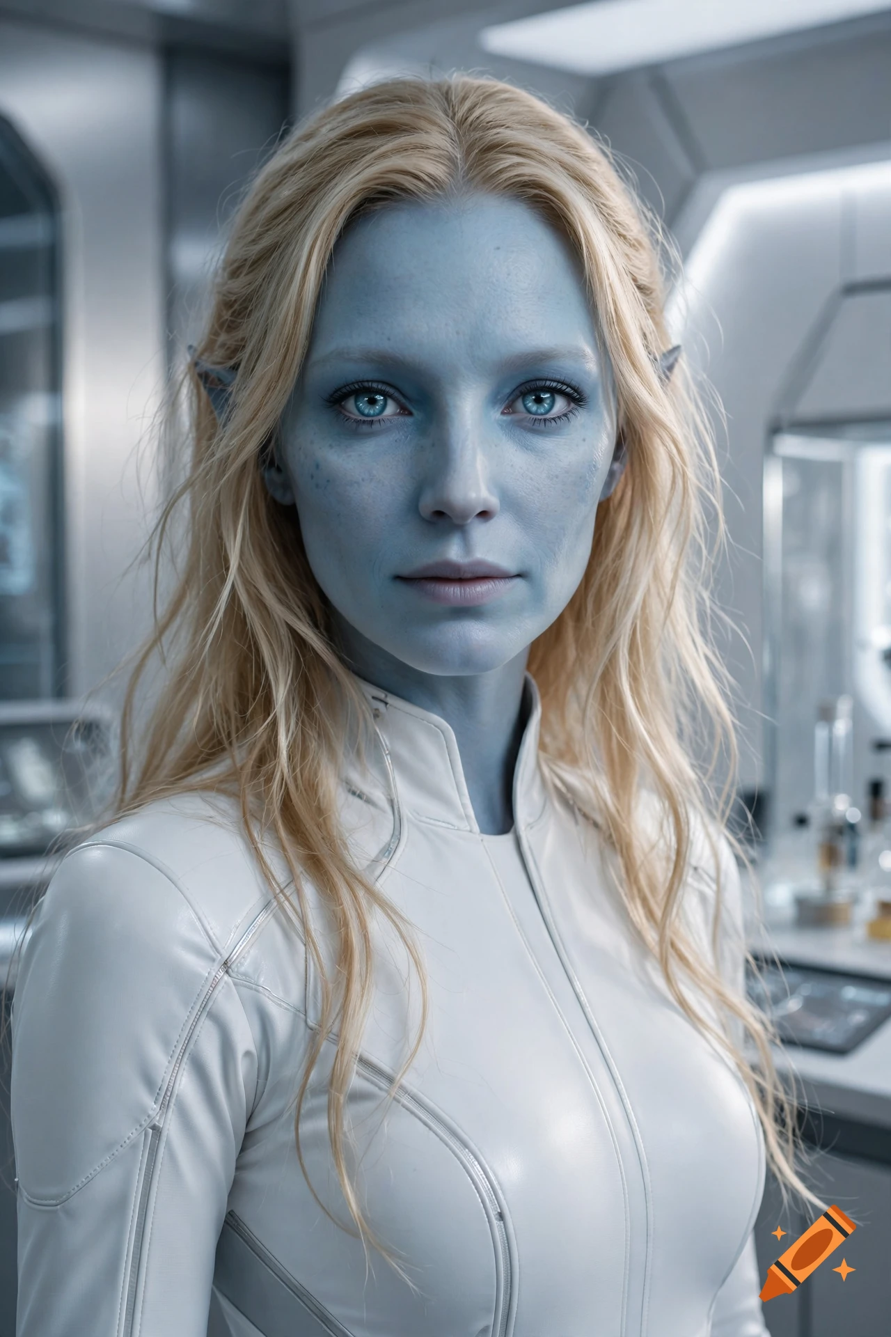 Close-up portrait of a female alien with light blue skin, blonde hair, and a white sci-fi bodysuit, photorealistic style.