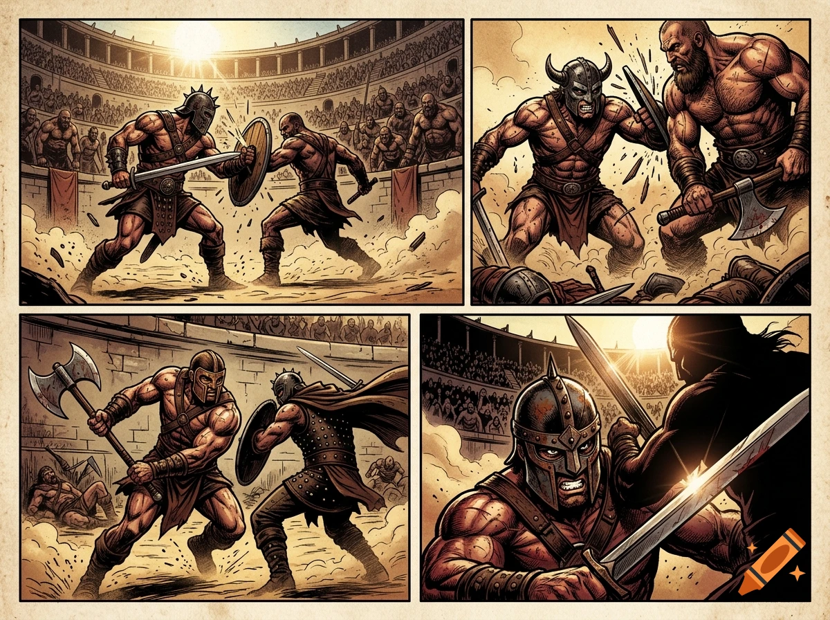 Four-panel comic book style illustration of gladiators fighting in an arena pit with an audience.