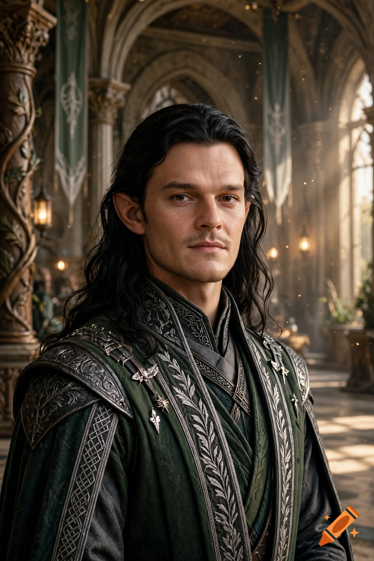 Photorealistic portrait of an elf man with long dark hair and ornate green armor in a castle hall.
