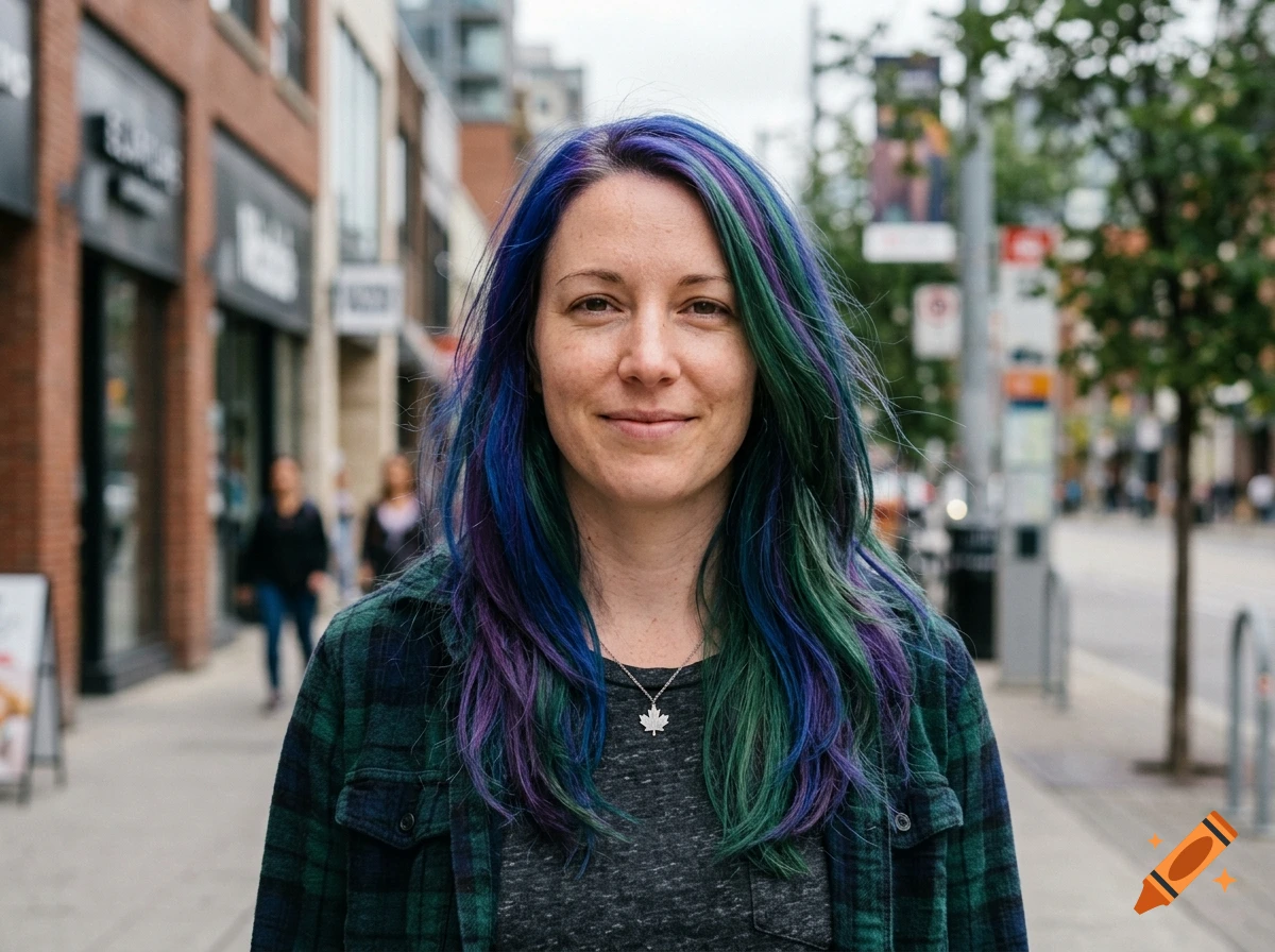 Photorealistic portrait of a Canadian woman with blue, purple, and green hair standing on a city sidewalk.