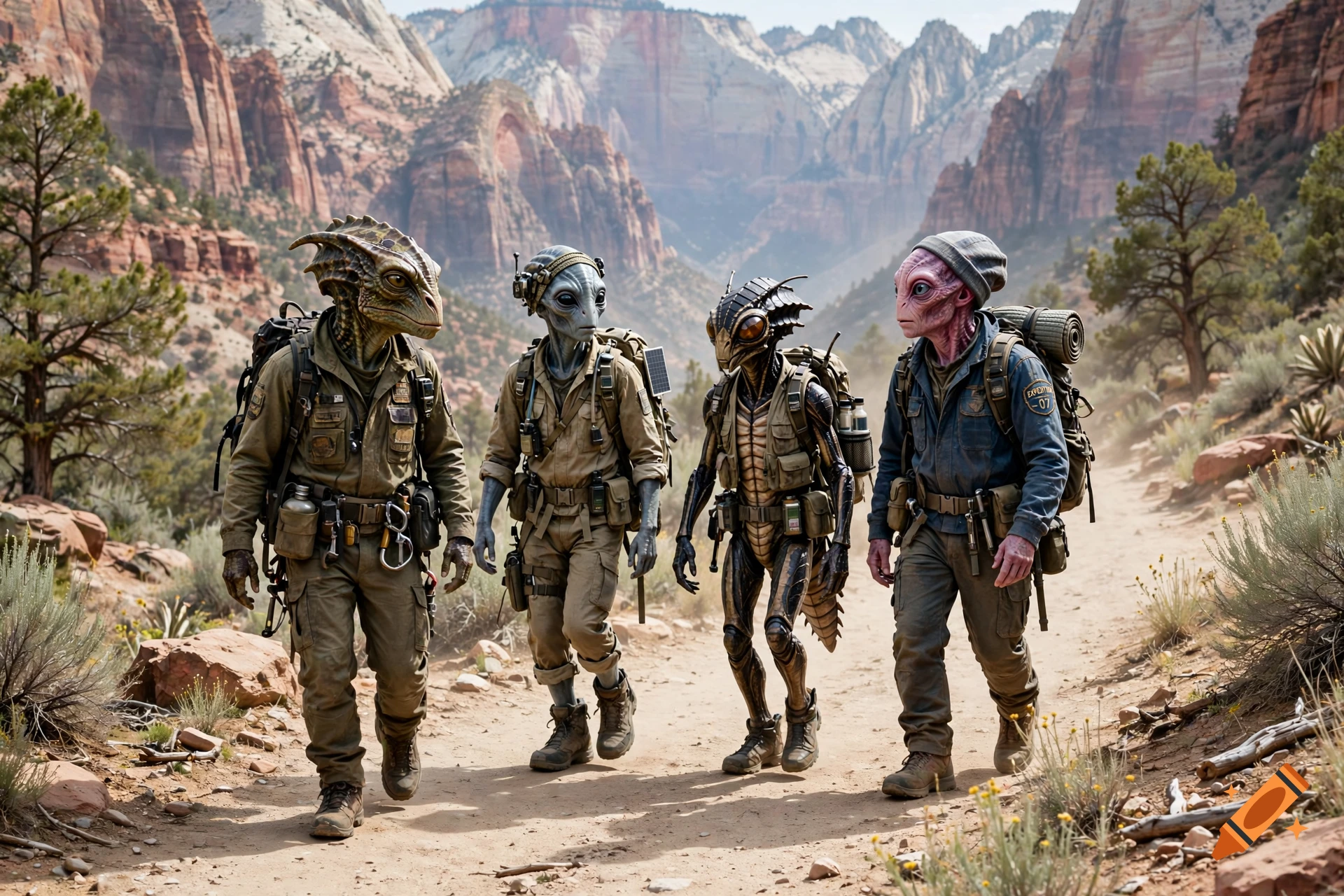 Four diverse alien explorers in tactical gear hiking along a dry, rocky trail framed by massive canyon mountains.