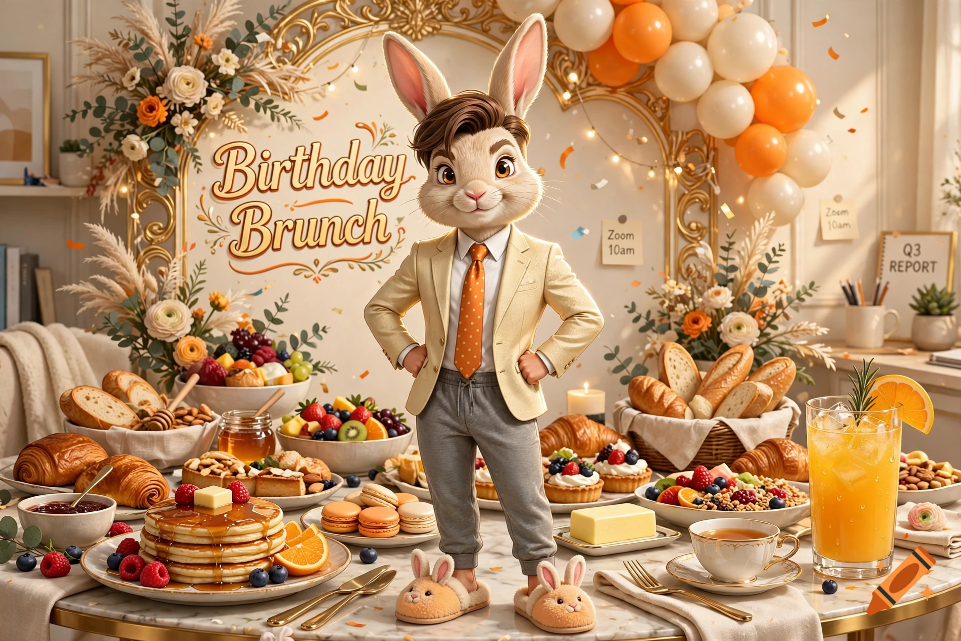 An anthropomorphic rabbit with a human-like torso, wearing a suit jacket and bunny slippers, standing in front of an extravagant breakfast buffet.
