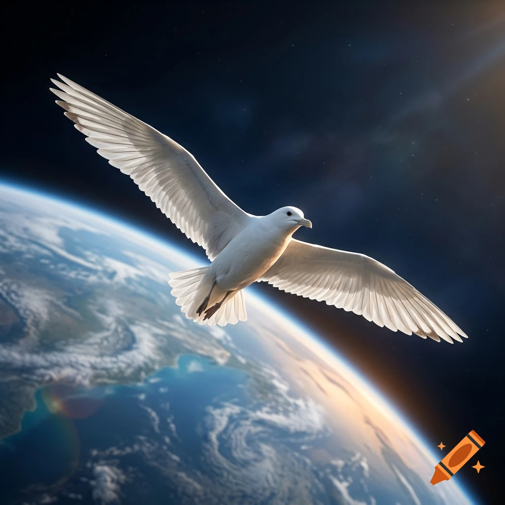 Photorealistic image of a white seagull flying in space with the glowing Earth in the background.