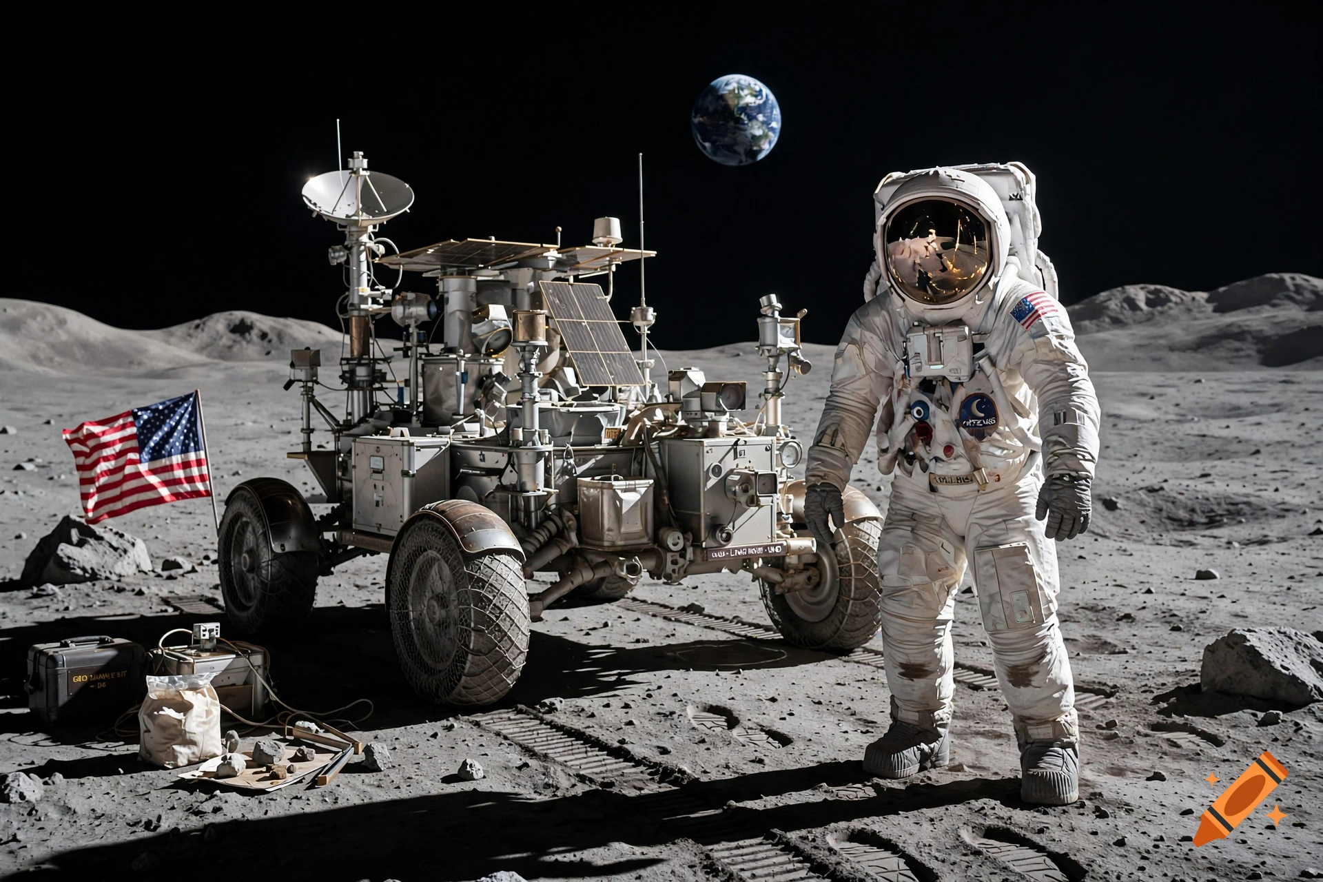 An astronaut standing next to a lunar rover on the moon's surface, with the Earth visible in the dark sky above.