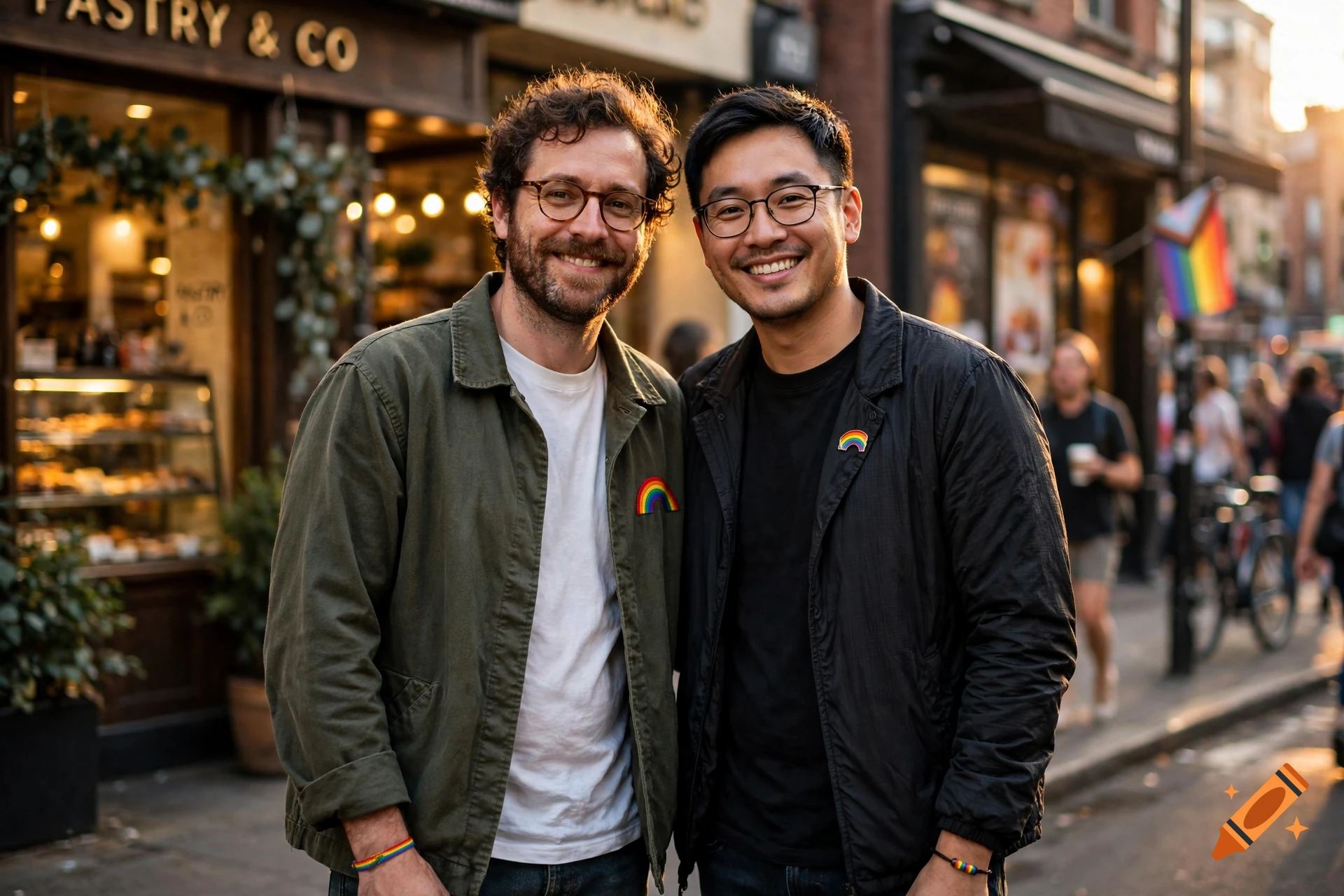 Two men posing together smiling on a city street with a shop front in the background.