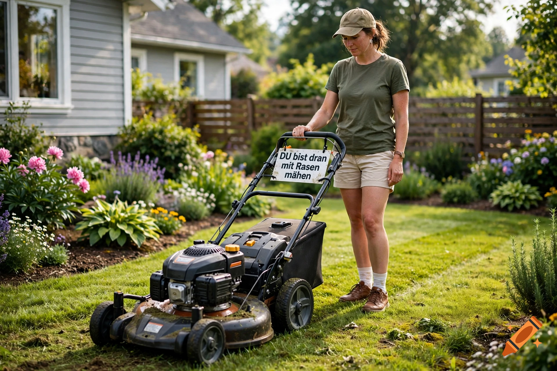 A woman in a garden mowing the lawn with a lawnmower bearing a German sign that reads DU bist dran mit Rasen mähen.