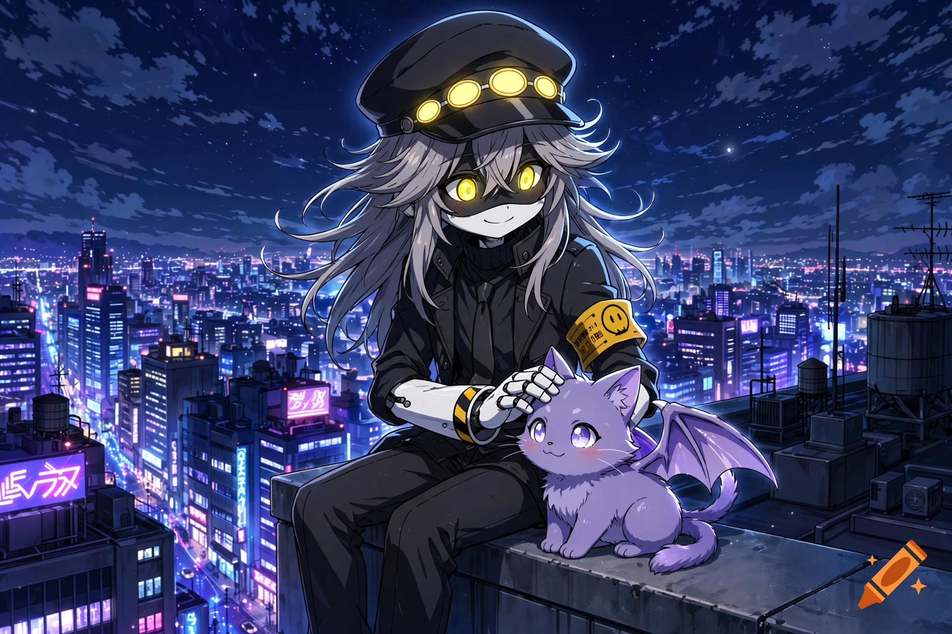 Anime style illustration of a character with a peaked cap and yellow eyes sitting on a rooftop, petting a small purple winged cat at night above a city.