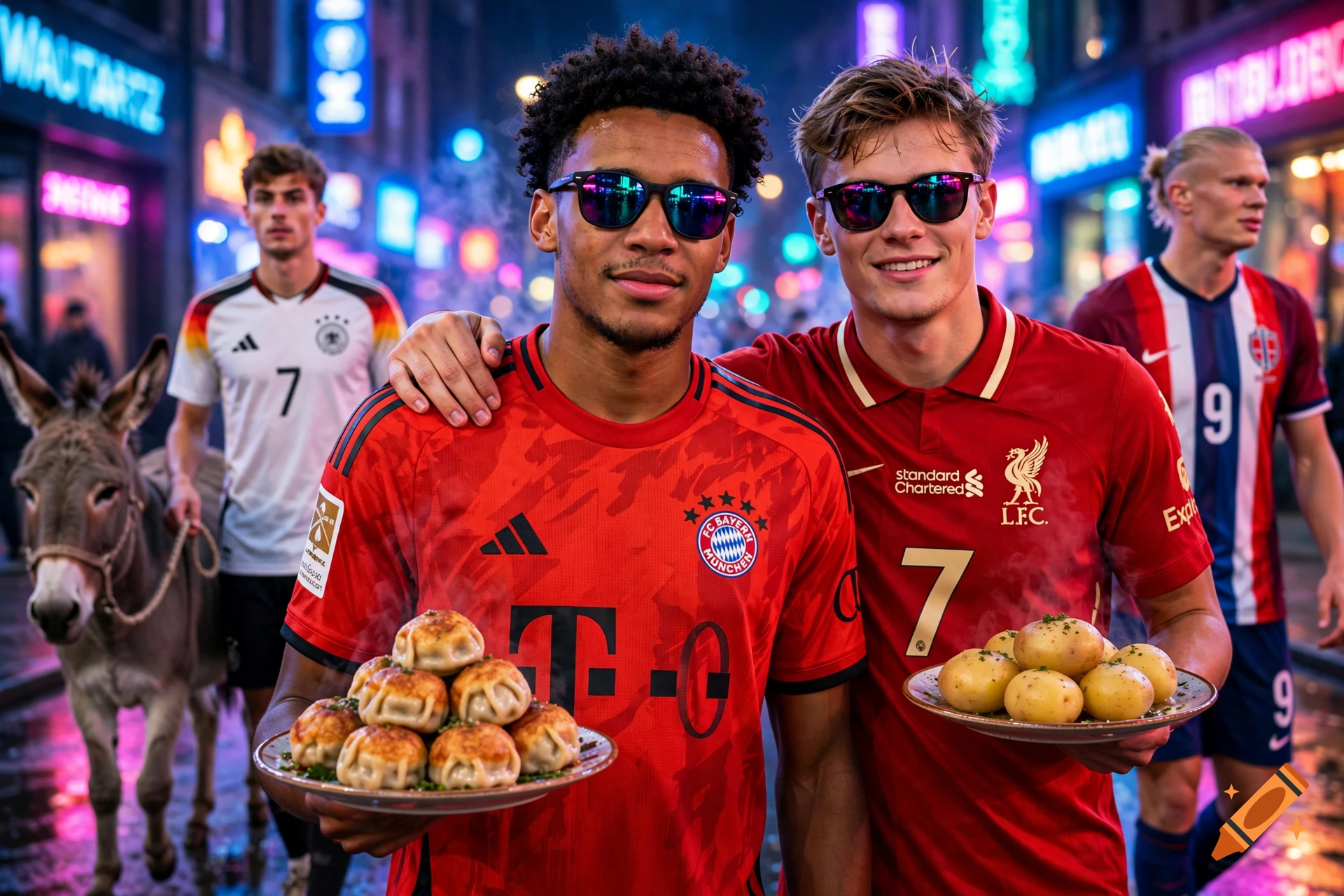 Photorealistic image of soccer players Jamal Musiala and Florian Wirtz wearing sunglasses in a neon-lit street at night, holding food.