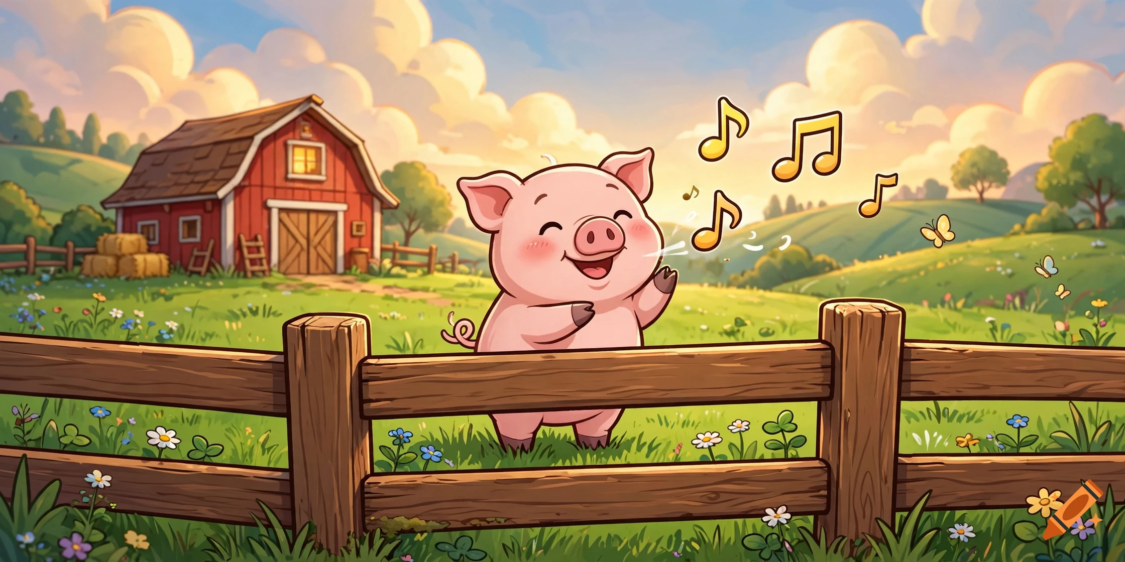 A cheerful cartoon pig standing behind a wooden fence in a sunny meadow, singing with music notes floating around, with a red barn in the background.