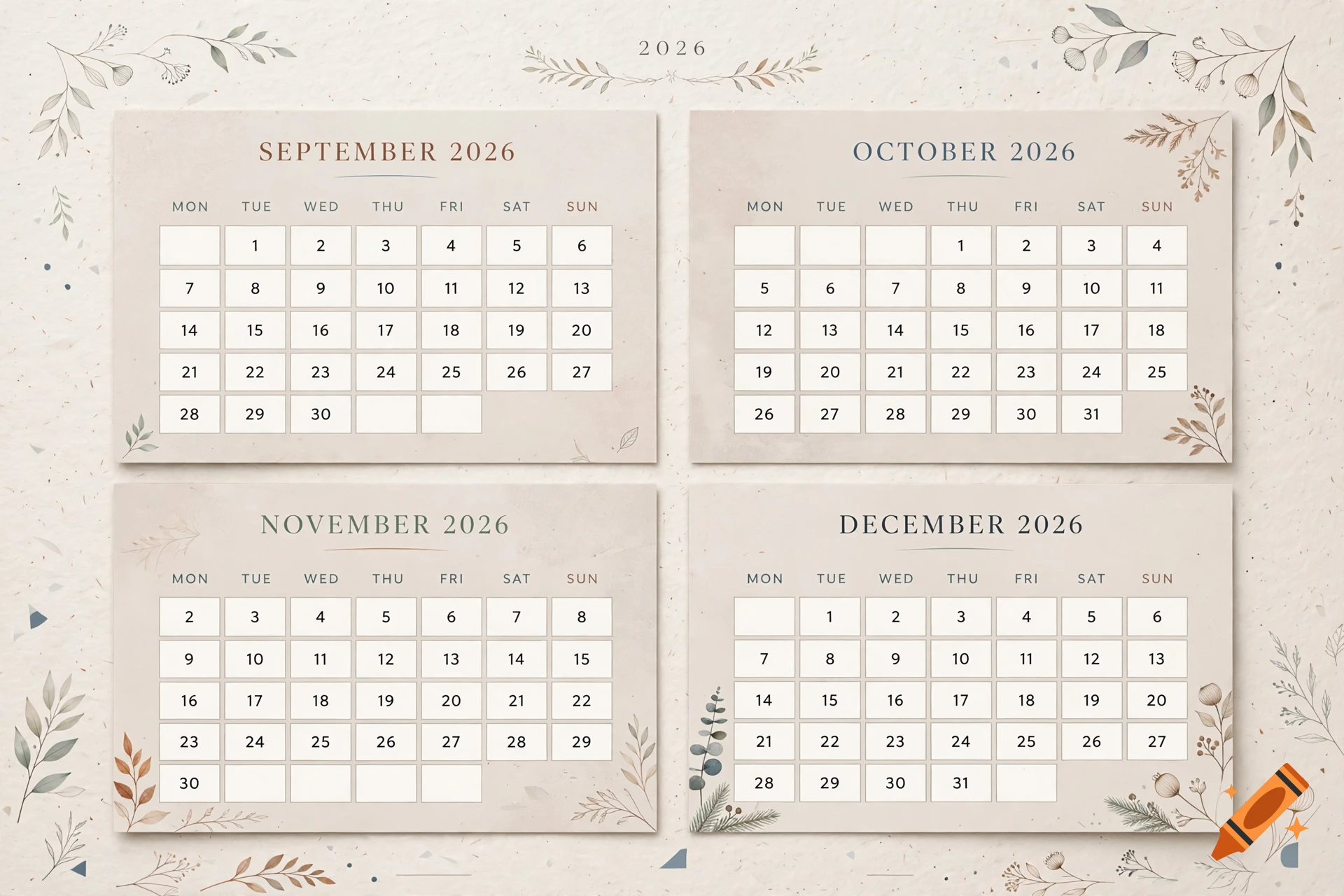 Aesthetic four-month calendar for September to December 2026 with floral watercolor illustrations on textured paper.