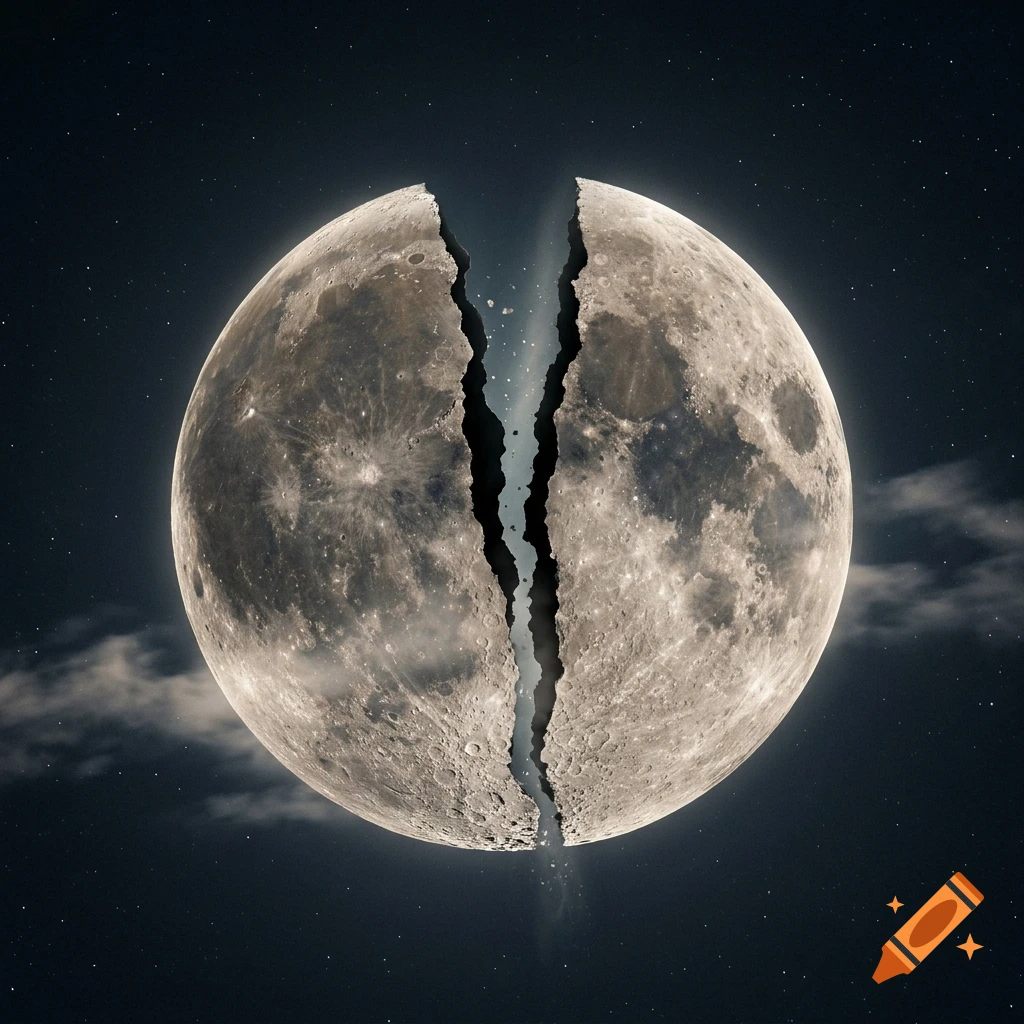 A full moon is shown split down the middle with a jagged crack, revealing a starry dark space behind it.