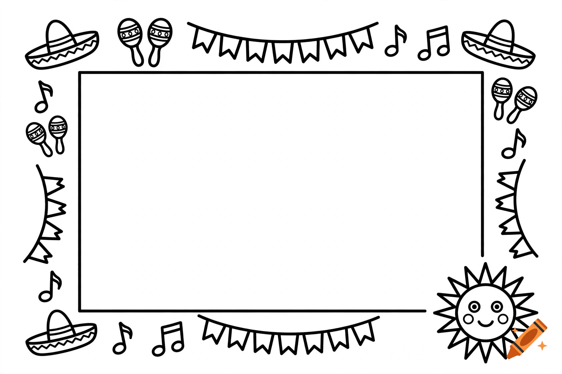 Black and white coloring book page featuring a Mexican-themed border with sombreros, maracas, musical notes, banners, and a sun.