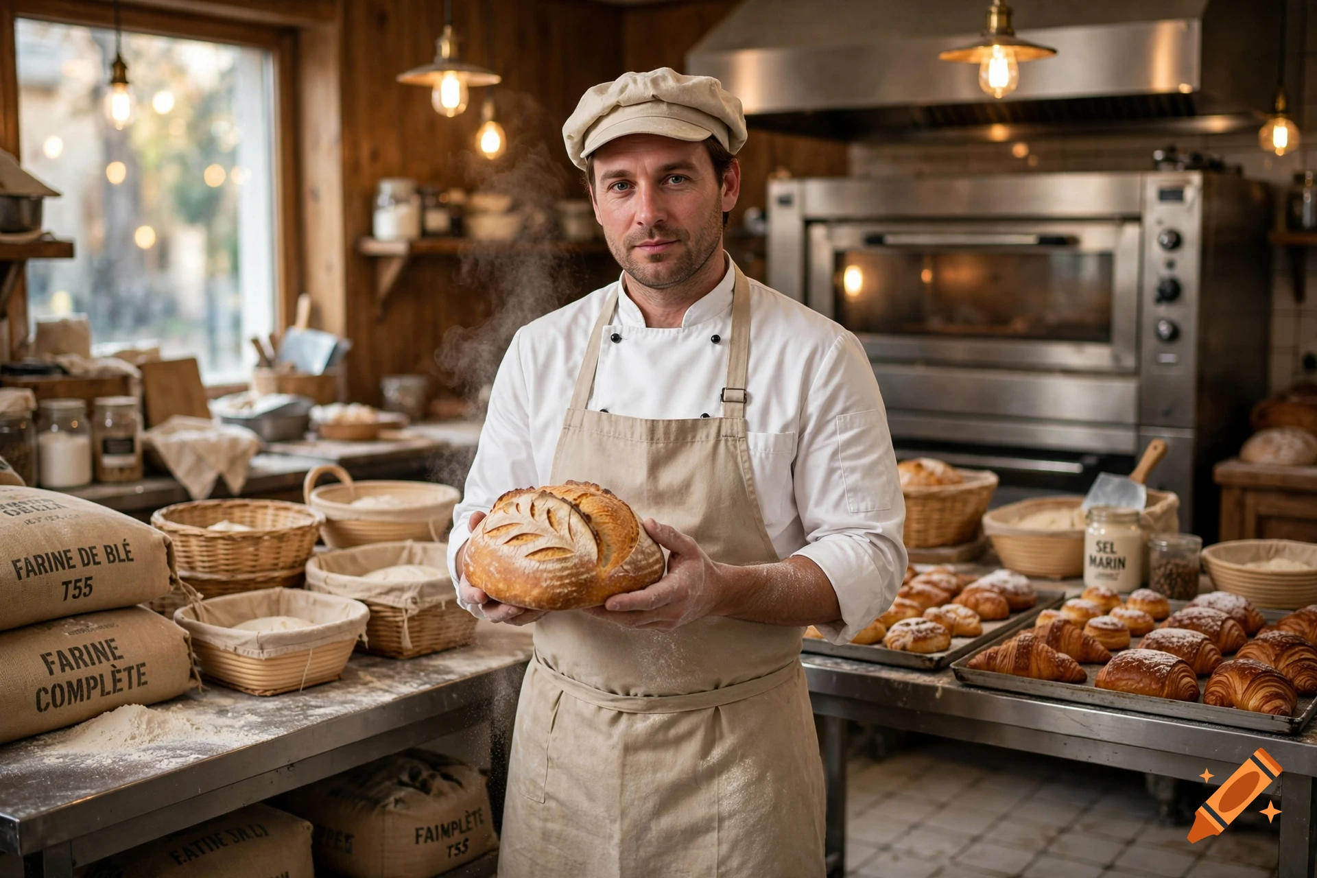 Photorealistic image of a male baker in a bakery holding a freshly baked loaf of bread.