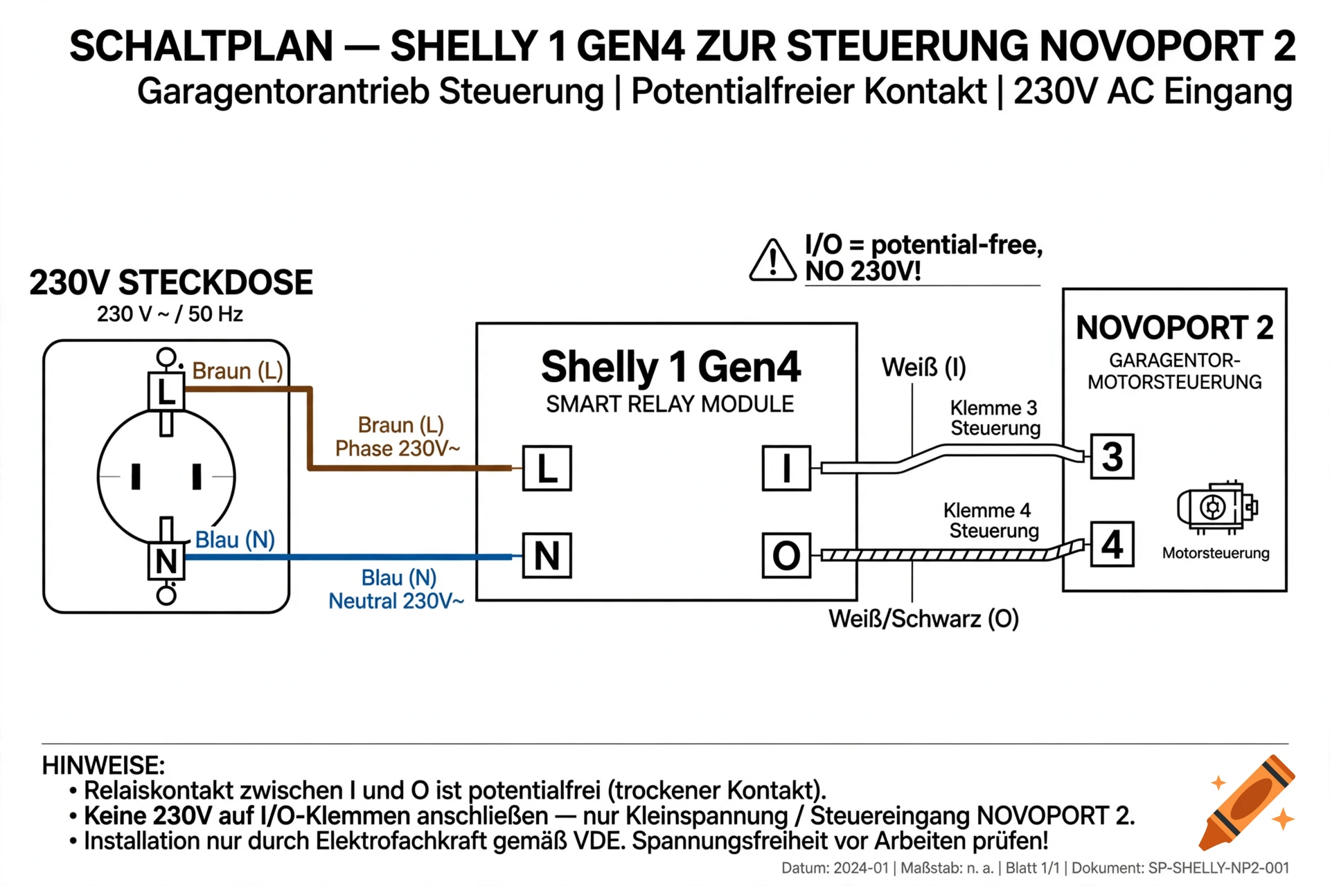 Electrical wiring diagram for Shelly 1 Gen4 smart relay module controlling a garage door motor.