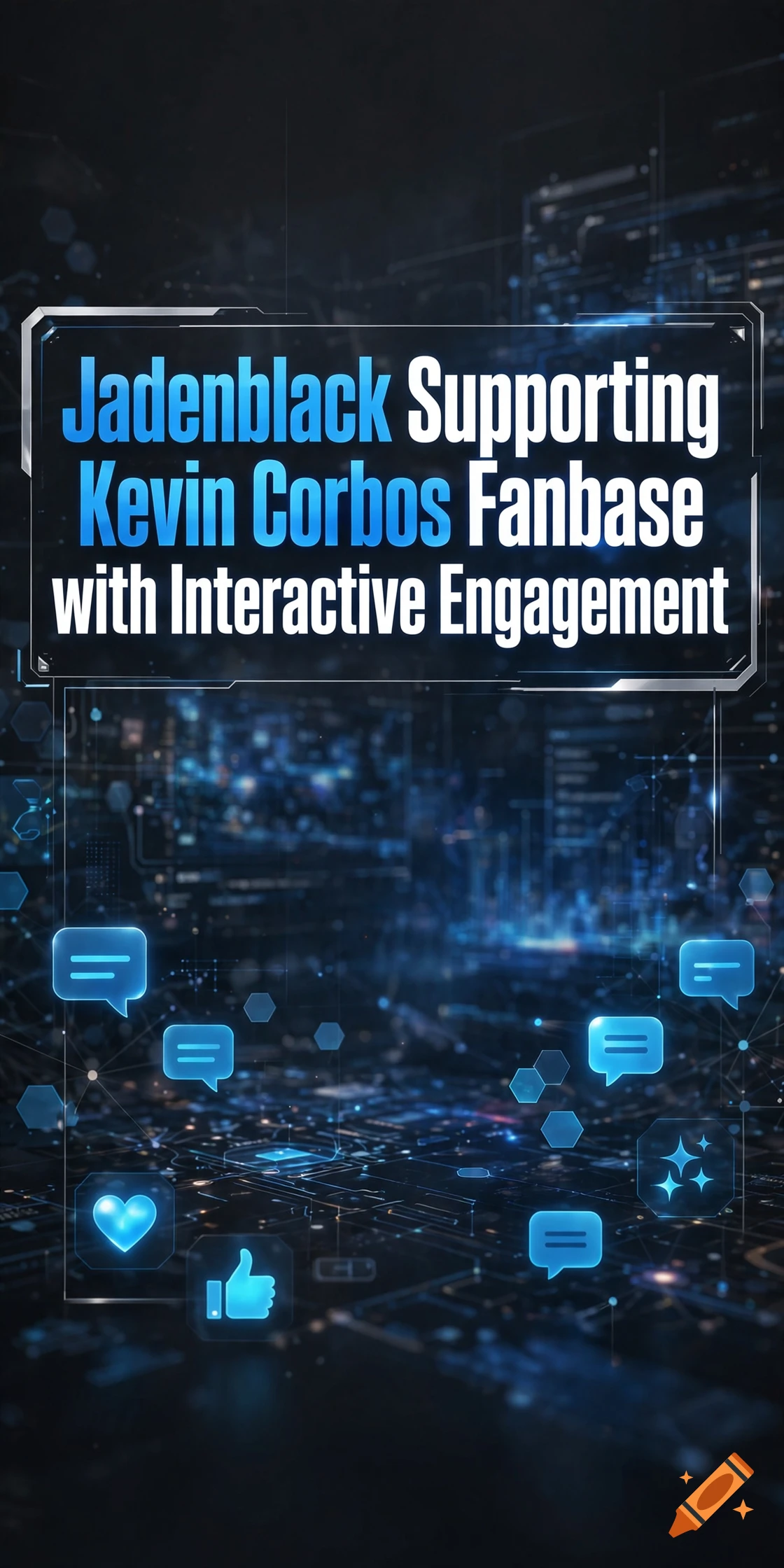 Digital poster with glowing text Jadenblack Supporting Kevin Corbos Fanbase with Interactive Engagement over a dark tech background.