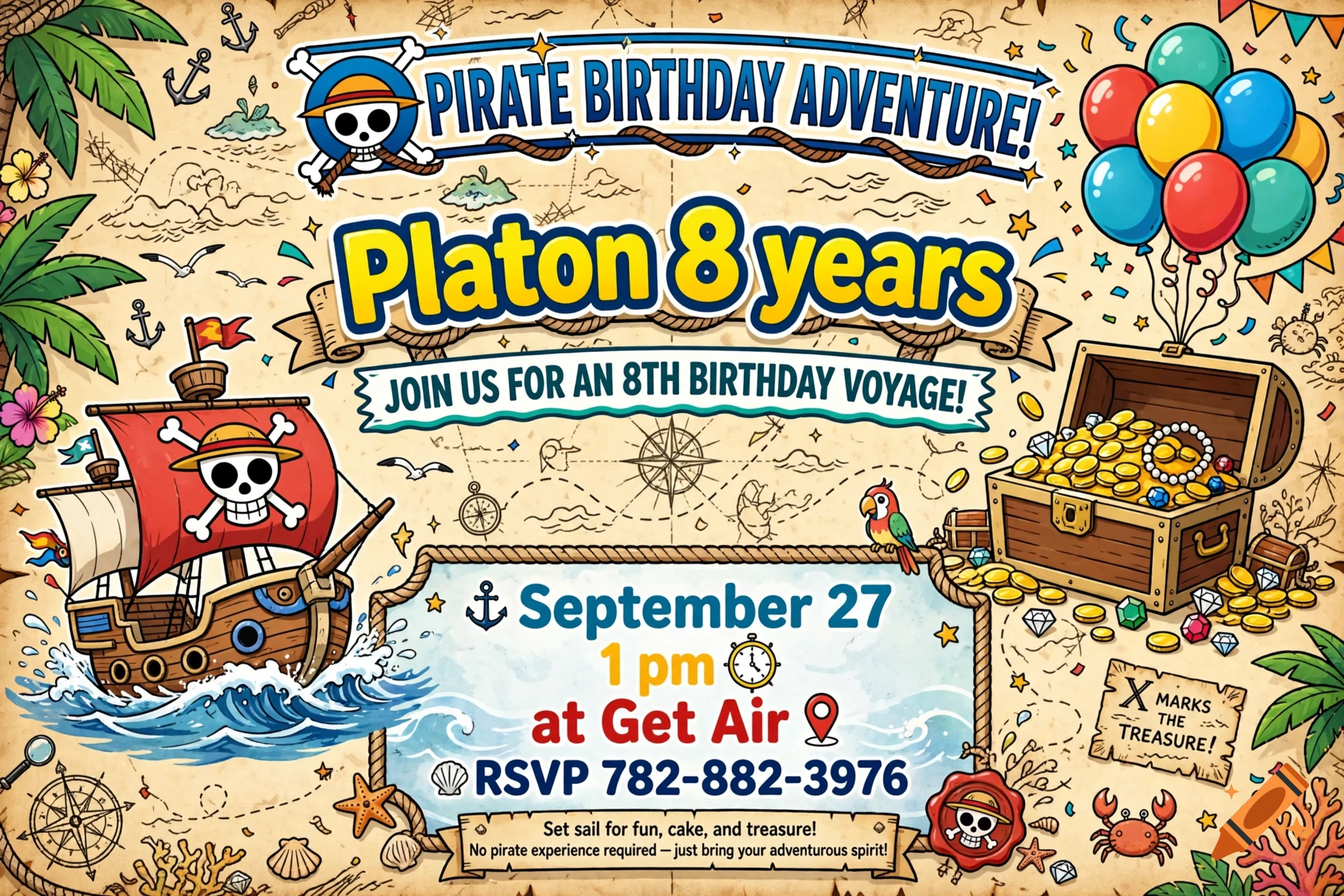 Colorful One Piece themed pirate birthday invitation for Platon's 8th birthday with treasure chest and ship.