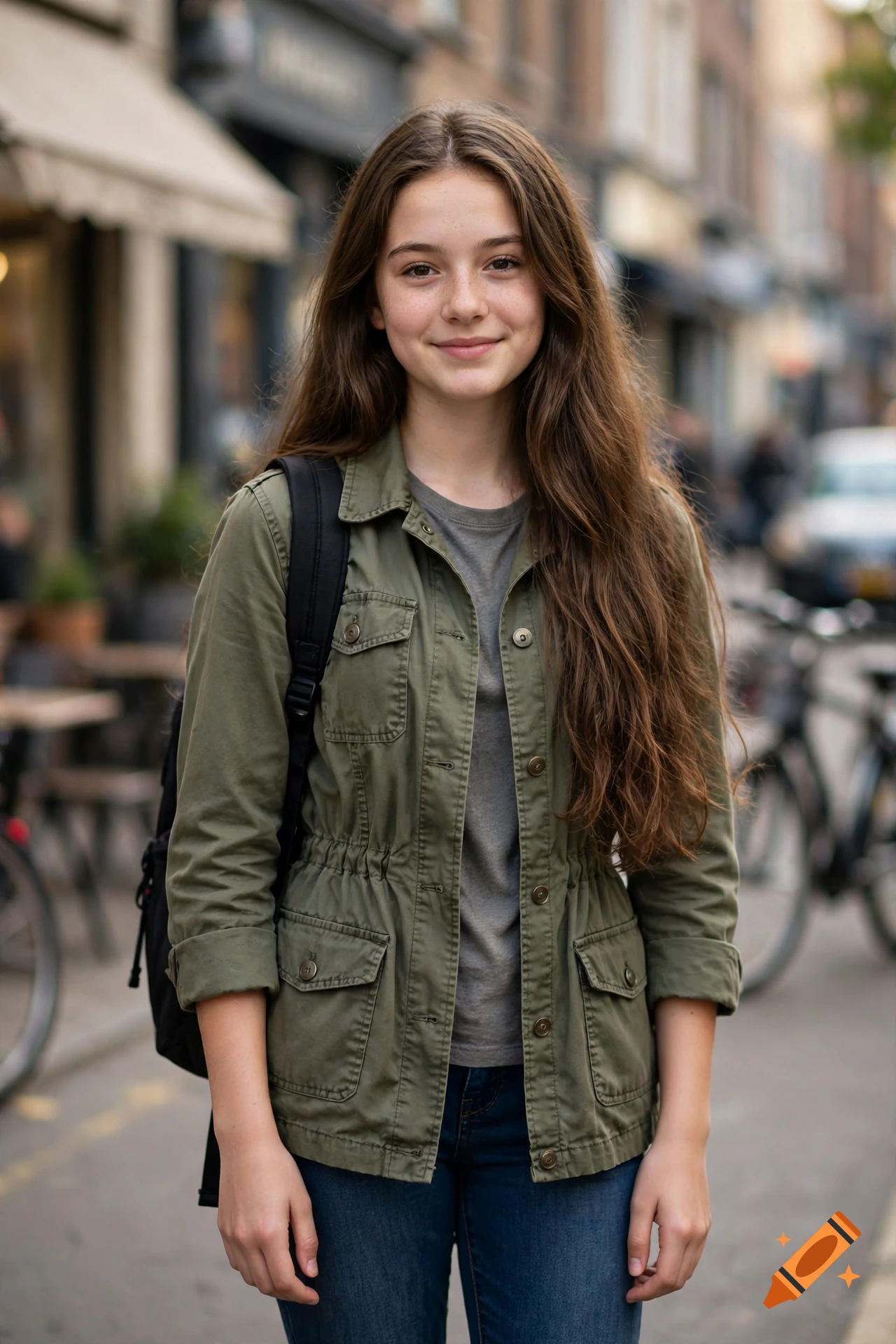 Photorealistic portrait of a smiling 15-year-old girl with long brown hair, wearing a green utility jacket and backpack, standing on an outdoor street.