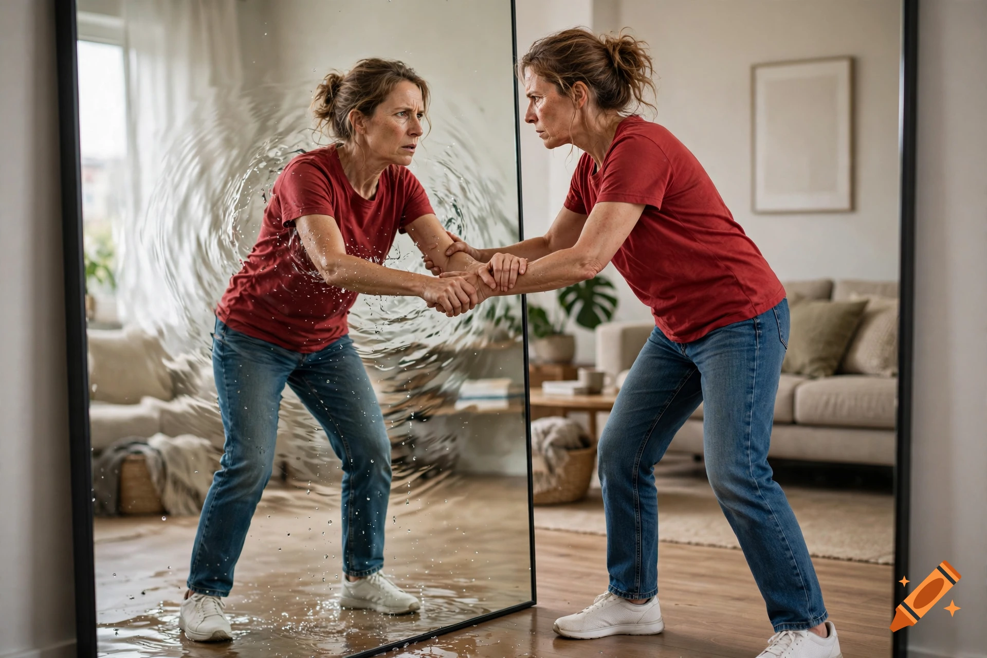 Photorealistic image of a woman in a red shirt and jeans interacting with her reflection emerging from a mirror as if through water.