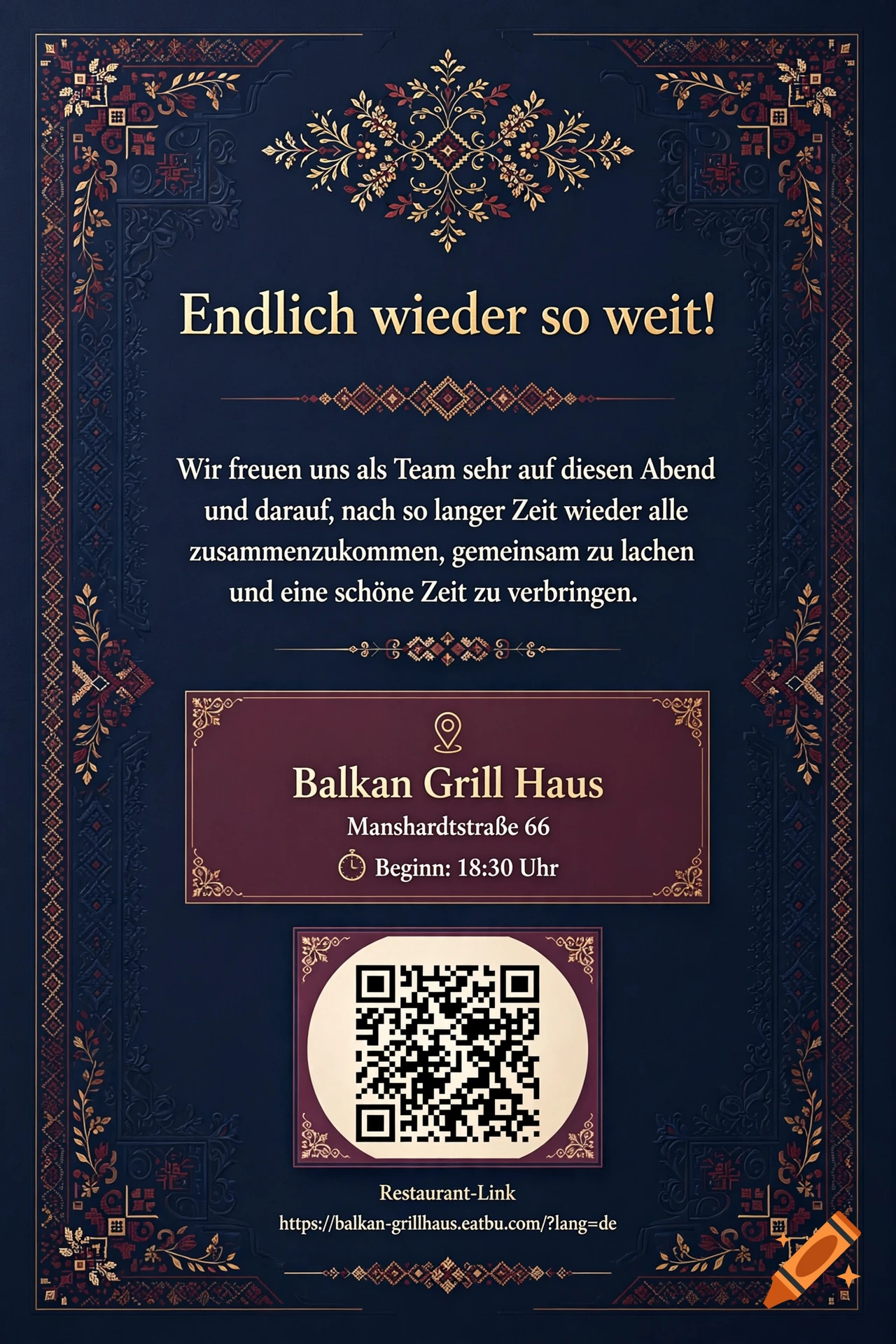 An invitation poster for a team event with navy blue and wine red ornate borders, German text, and a QR code.