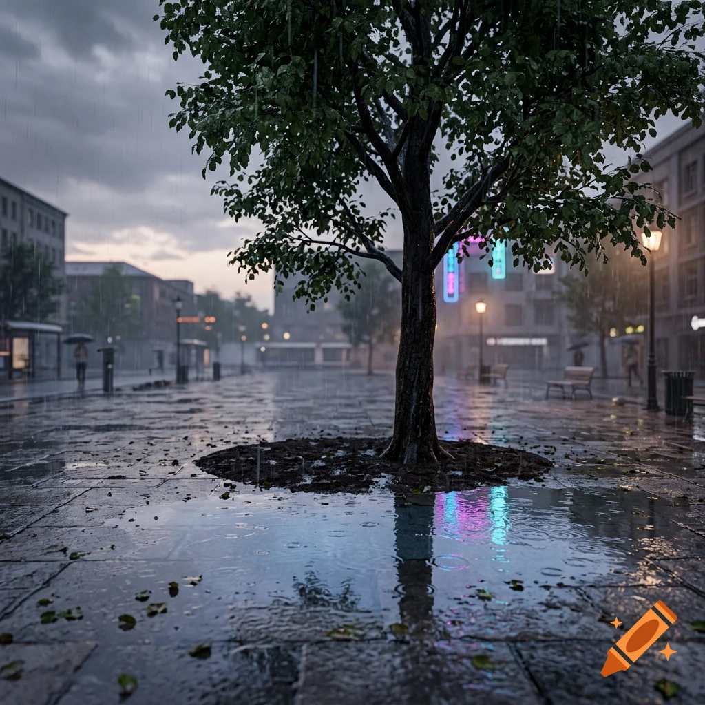 A rainy evening in a city square, featuring a large tree in the foreground with a puddle reflecting the wet stone pavement and distant neon lights.